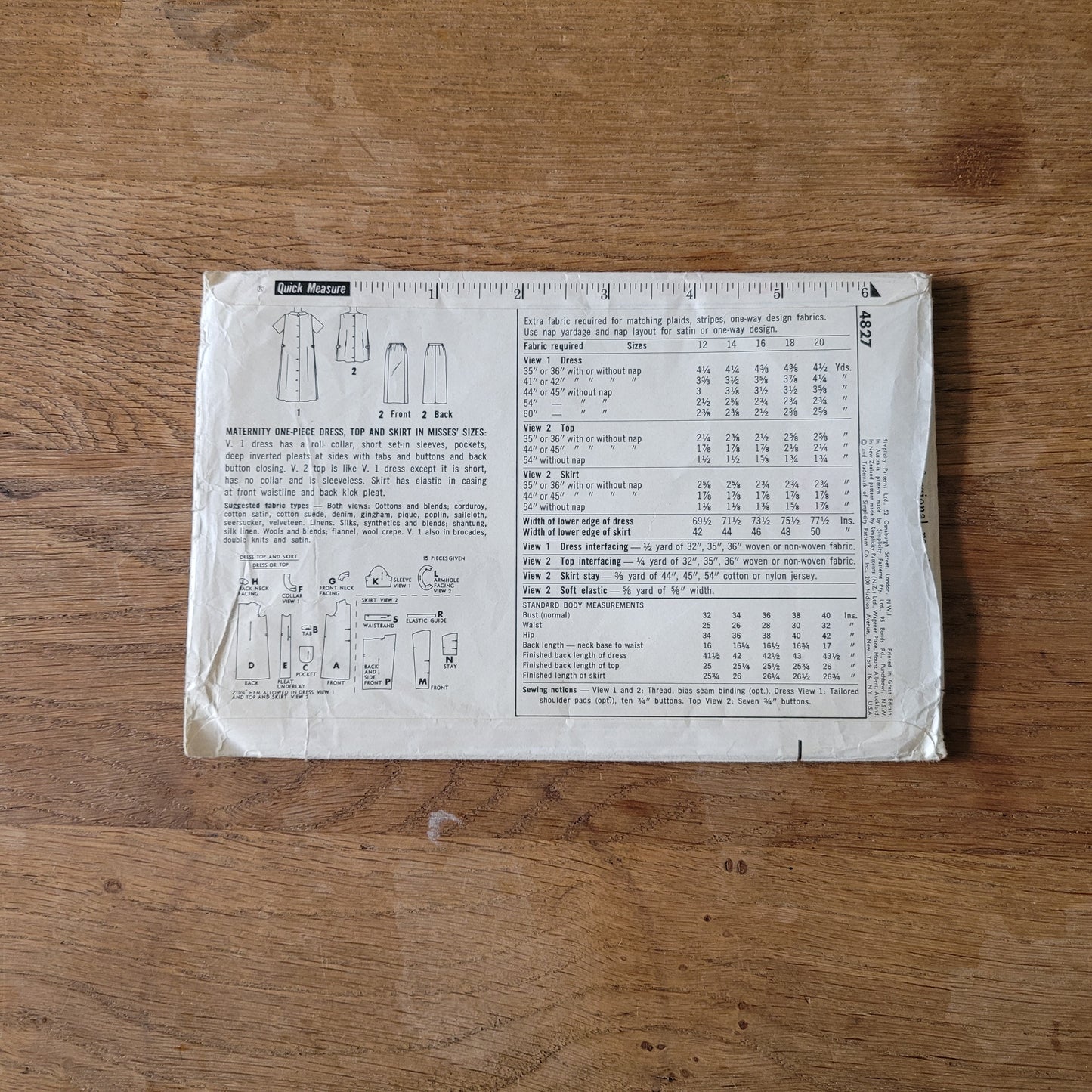 Uncut 1963 Simplicity 4827 sewing pattern for maternity one-piece dress, top & skirt, size 12 (complete)