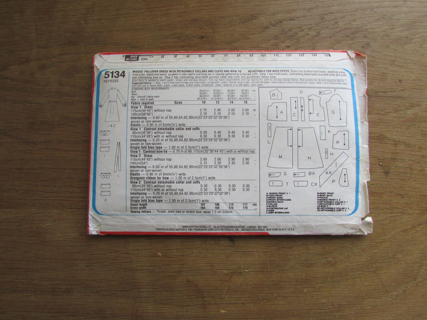 Part cut 1981 Simplicity 5134 sewing pattern for misses' pullover dress with detachable collars & cuffs and bow tie, size 10 (complete)