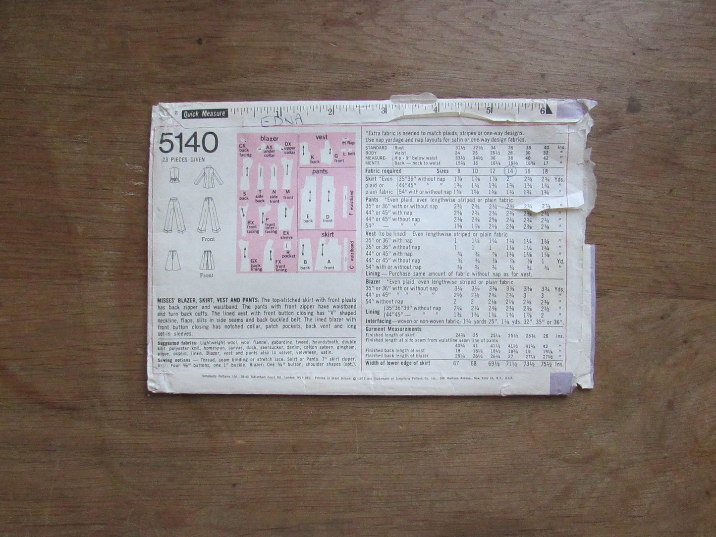 Part cut 1972 Simplicity 5140 sewing pattern for misses' blazer, skirt, vest & pants, size 14 (complete)