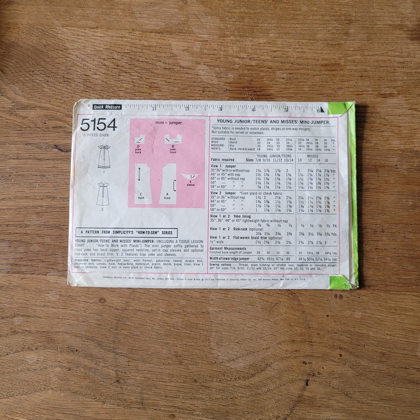 Used 1972 Simplicity 5154 sewing pattern for young junior/teens' & misses' mini-jumper, size 14 (complete, missing instructions)