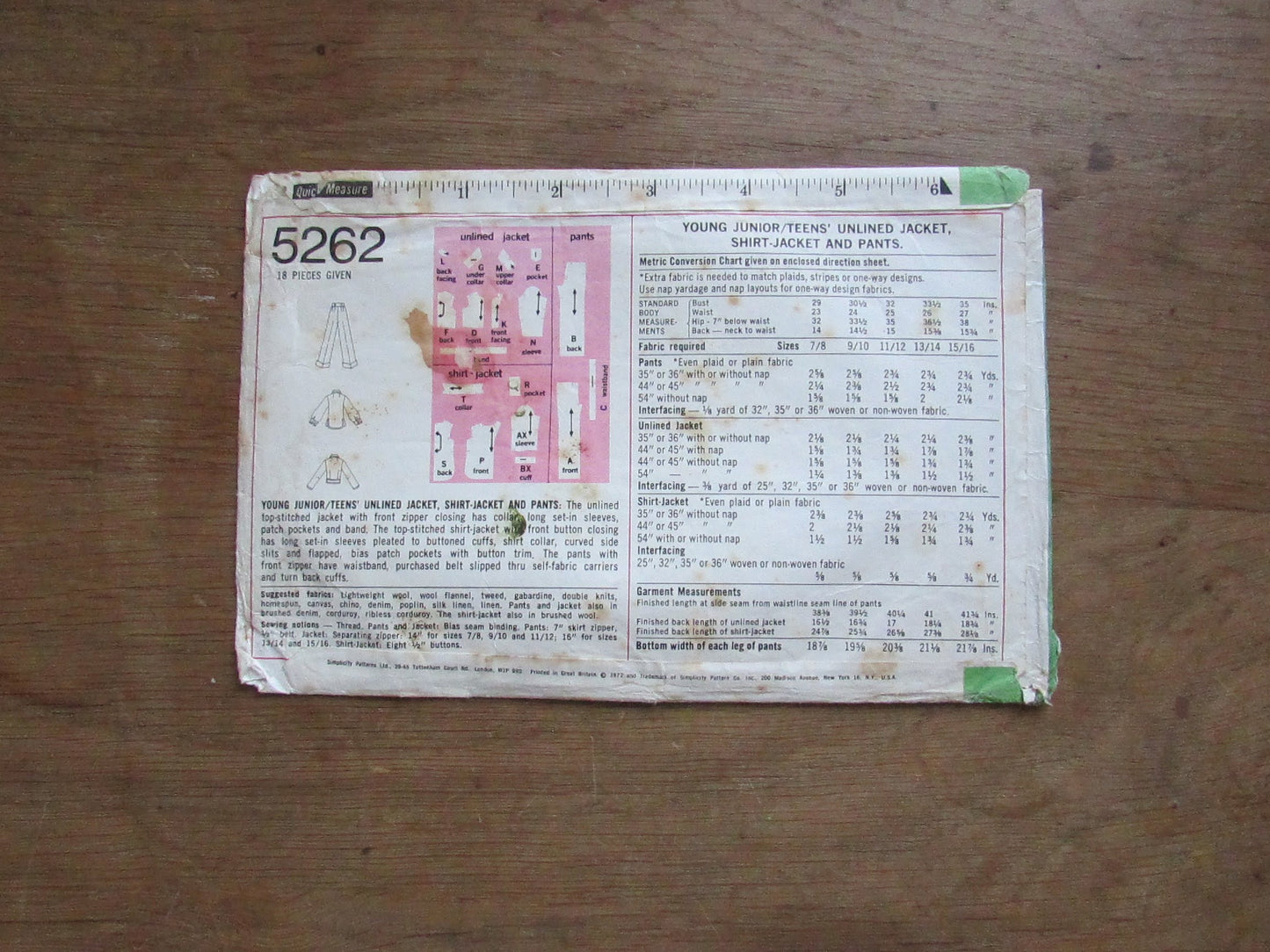 Part cut 1972 Simplicity 5262 sewing pattern for young junior/teens' unlined jacket, shirt-jacket & pants, size 11/12 (complete)