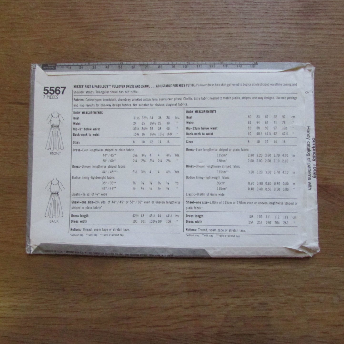 Part cut 1982 Simplicity 5567 sewing pattern for misses' pullover dress and shawl, sizes 12-14-16 (complete, see description below)