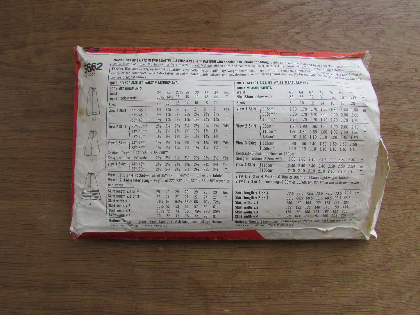 Part cut 1982 Simplicity 5662 sewing pattern for misses' set of skirts , size 14 (complete)