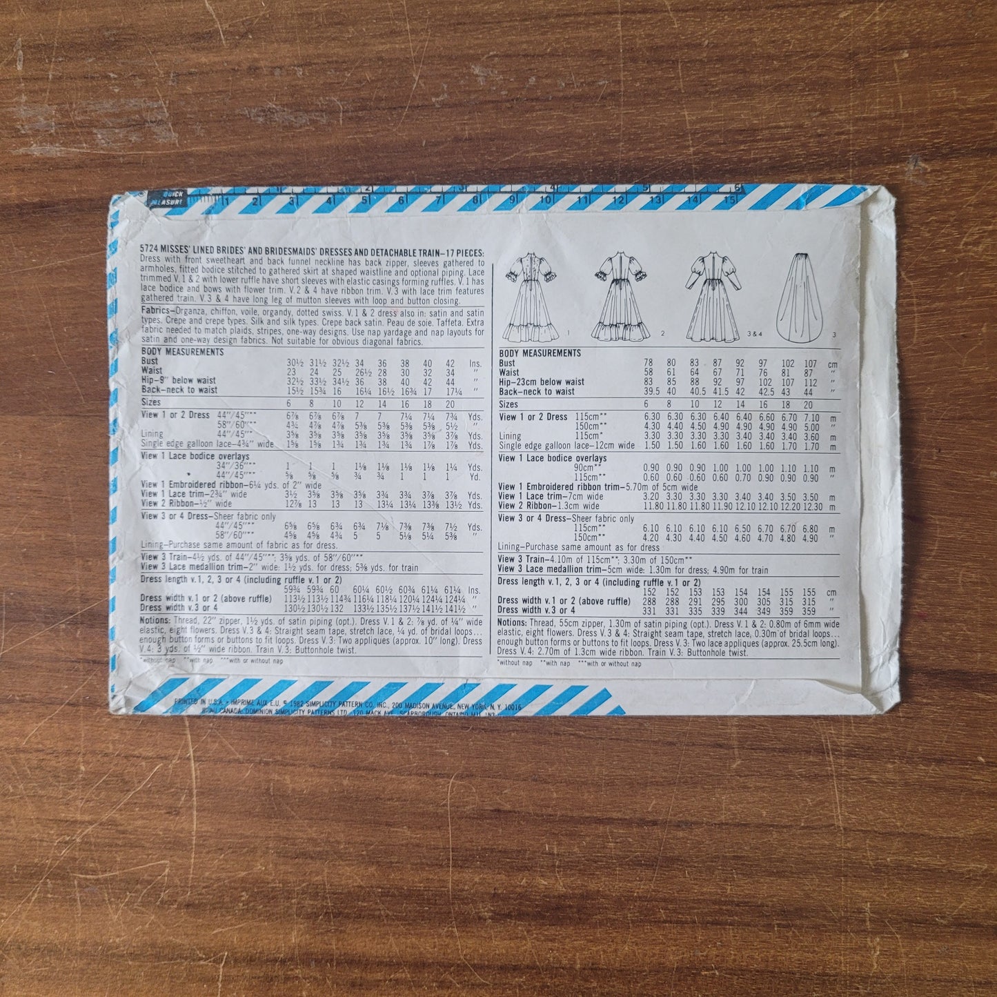 Uncut 1982 Simplicity 5724 sewing pattern for misses' lined brides' & bridesmaids' dresses, and detachable train, sizes 6 + 8 (complete)