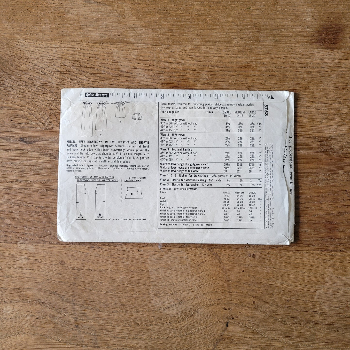 Part cut 1964 Simplicity 5753 sewing pattern for jiffy nightgown in two lengths, and shortie pajamas, size M 14-16 (complete)