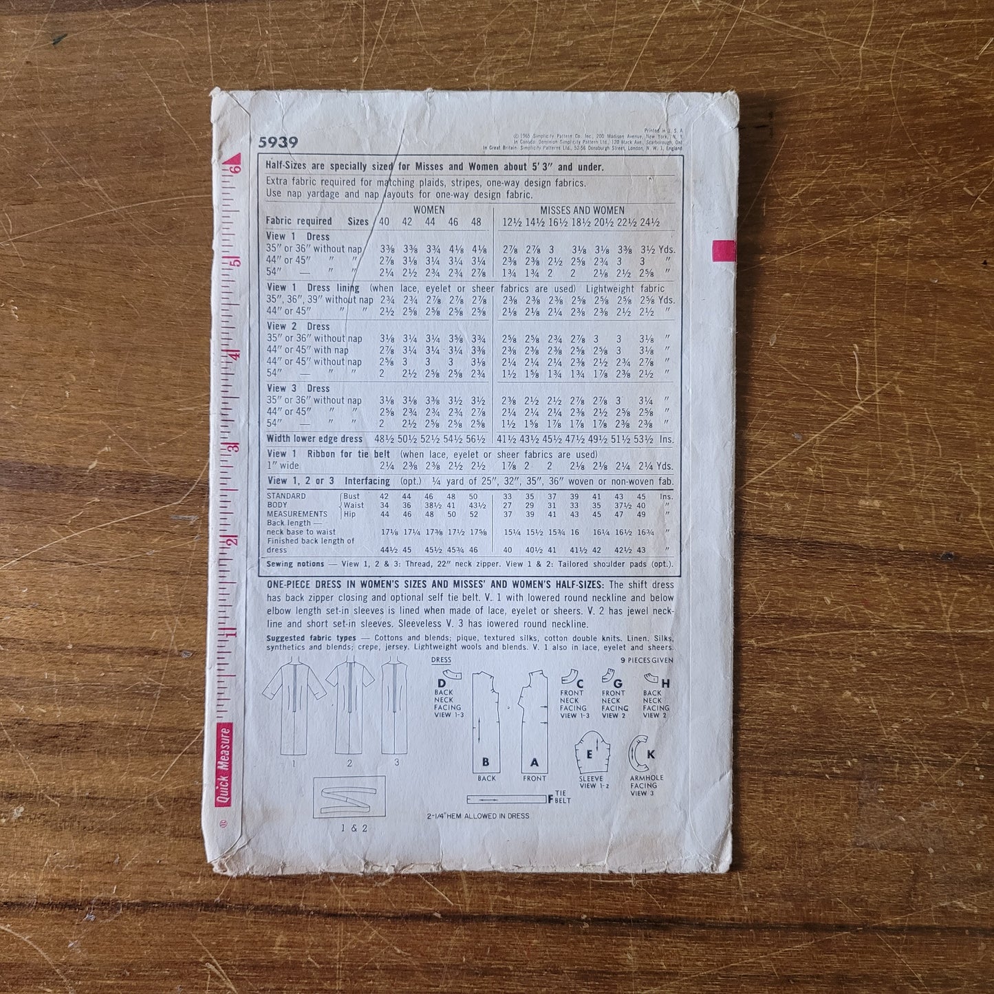 Part cut 1965 Simplicity 5939 sewing pattern for one-piece dress in women's and misses' & women's half-sizes, size 20.5 (complete)