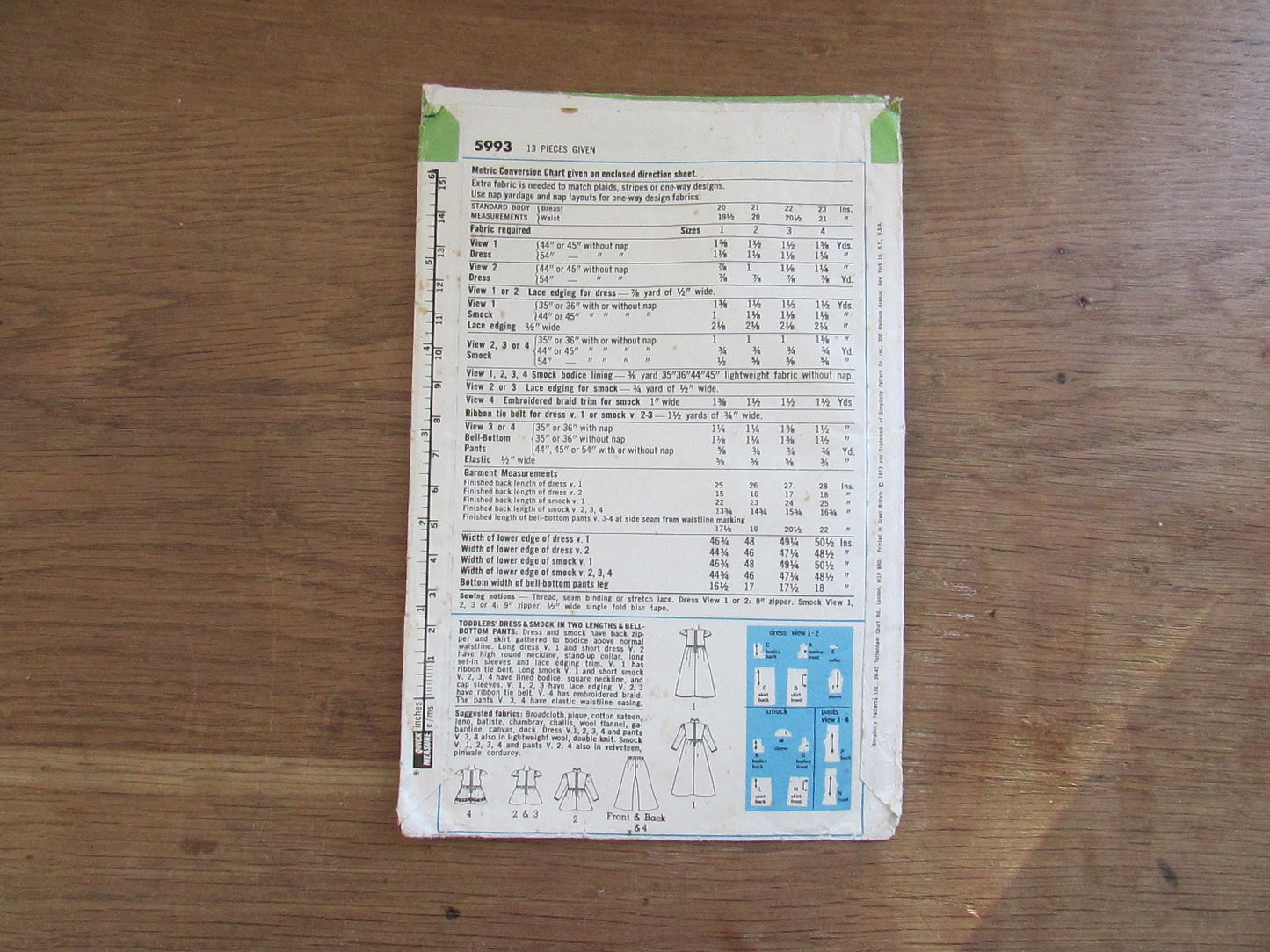 Part cut 1973 Simplicity 5993 sewing pattern for toddlers' dress & smock, and bell-bottom pants, size 3 (complete)