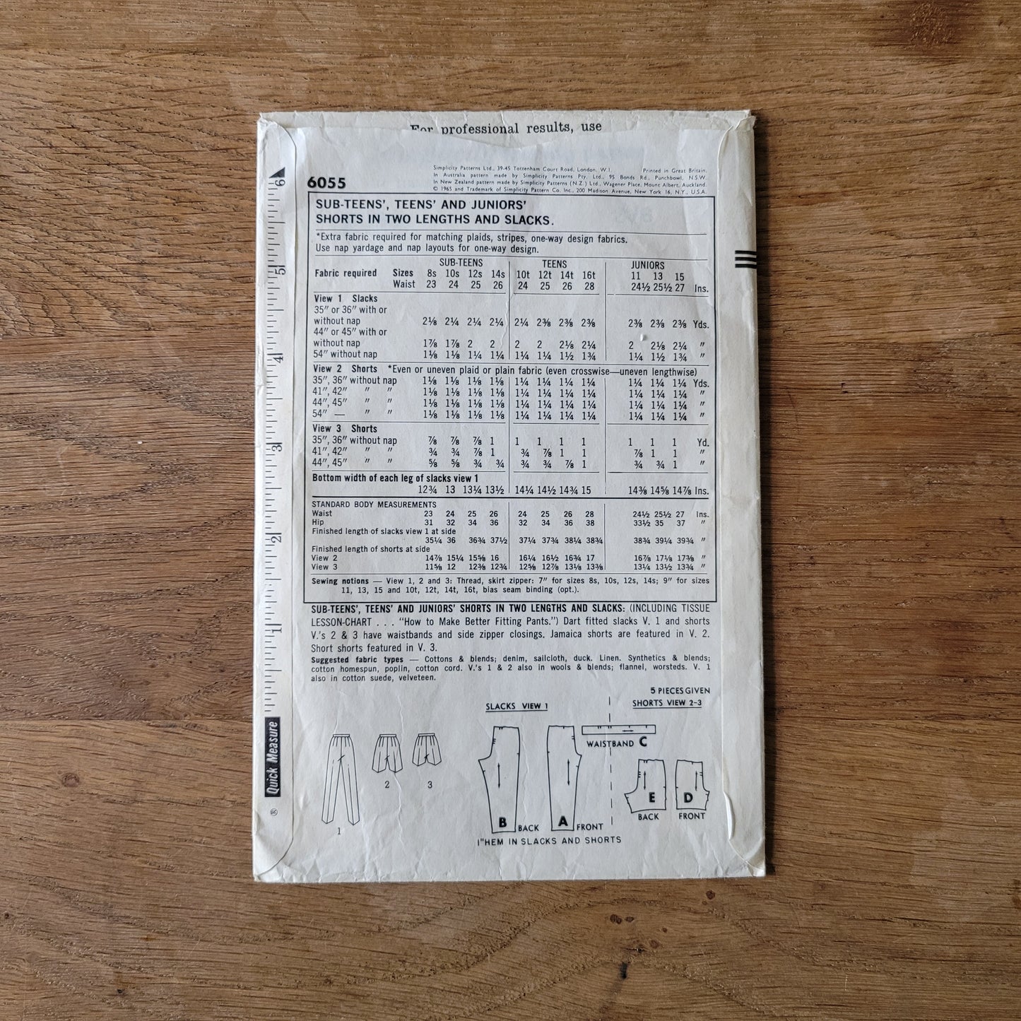 Part cut 1965 Simplicity 6055 sewing pattern for teens' shorts in two lengths, and slacks, size 14+ (complete)