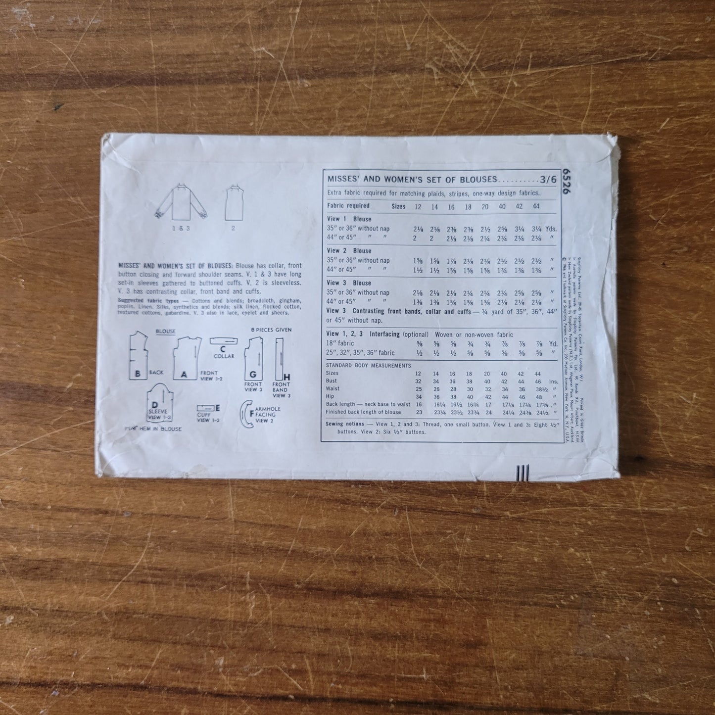 Part cut 1966 Simplicity 6526 sewing pattern for misses' & women's set of blouses, size 16 or 18 (complete)