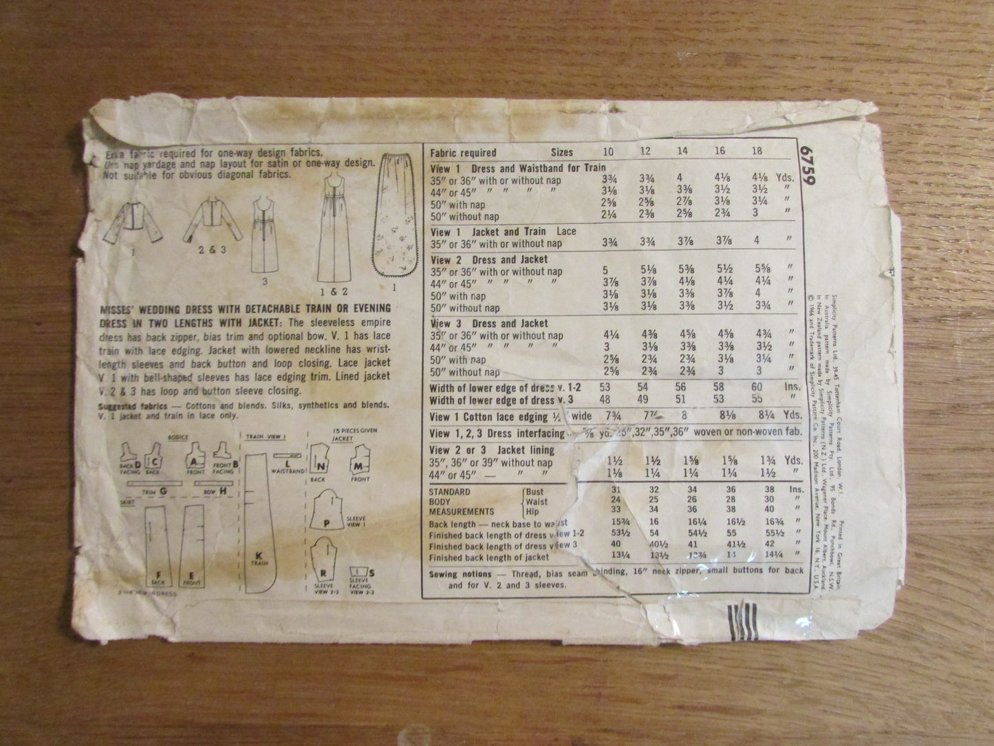 Part cut 1966 Simplicity 6759 sewing pattern for misses' wedding dress... or evening dress with jacket, size 14 (see description below)
