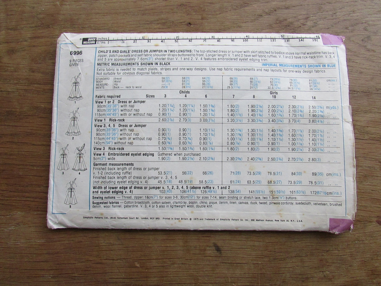 Part cut 1975 Simplicity 6996 sewing pattern for child's & girls' dress or jumper, size 6 (complete)