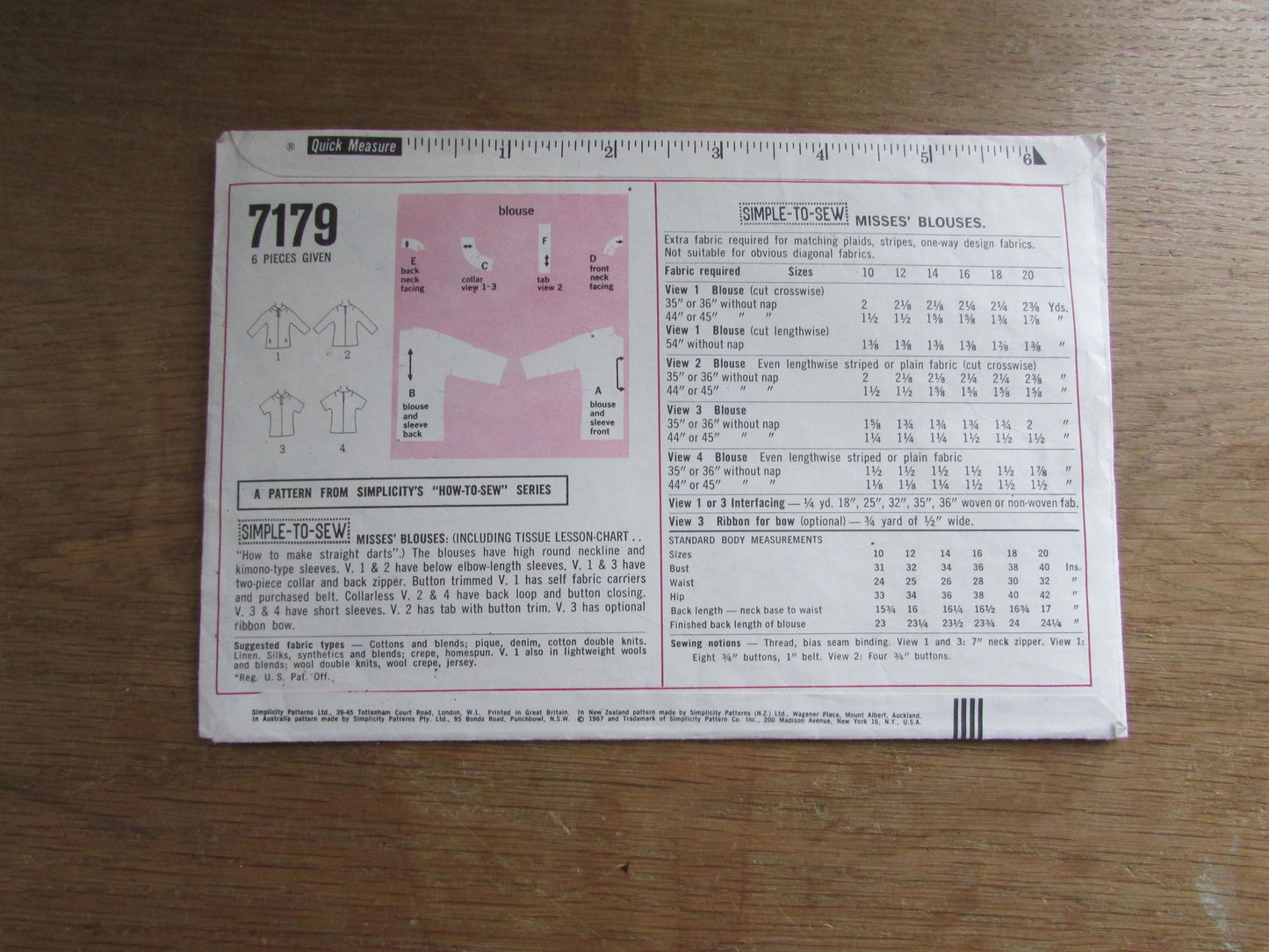 Part cut 1967 Simplicity 7179 a 'how-to-sew' pattern for misses' blouses. size 14 (complete)