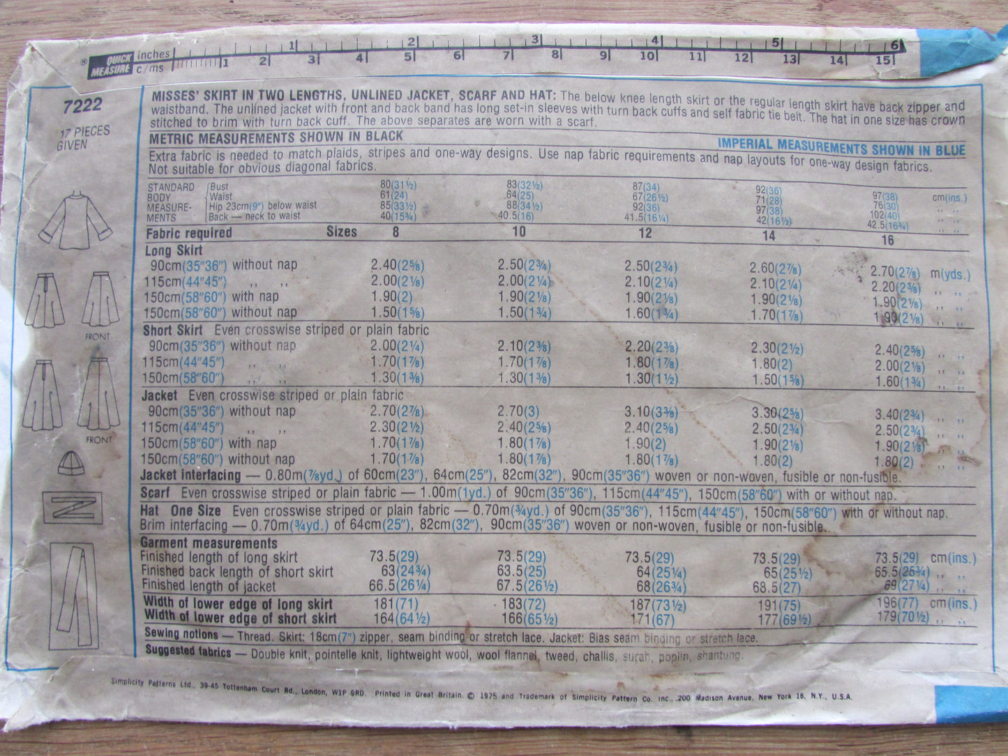 Part cut 1975 Simplicity 7222 sewing pattern for misses' skirt, unlined jacket & scarf, size 10 (complete)