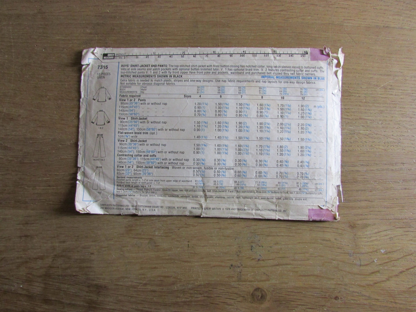 Part cut 1976 Simplicity 7315 sewing pattern for boy's shirt, jacket & pants, sizes 7 + 8 (complete, see description below)