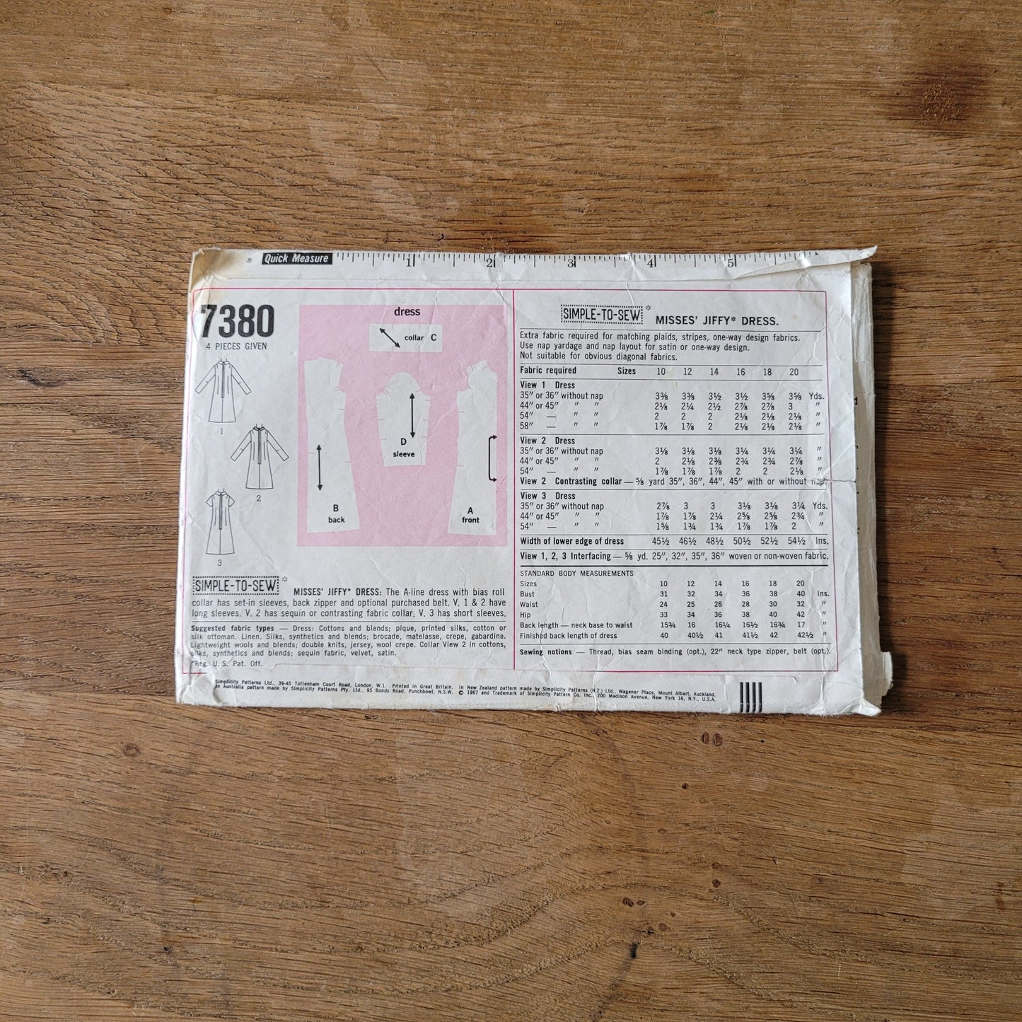 Used 1967 Simplicity 7380 sewing pattern for misses' jiffy A-Line dress, size 18 (complete)