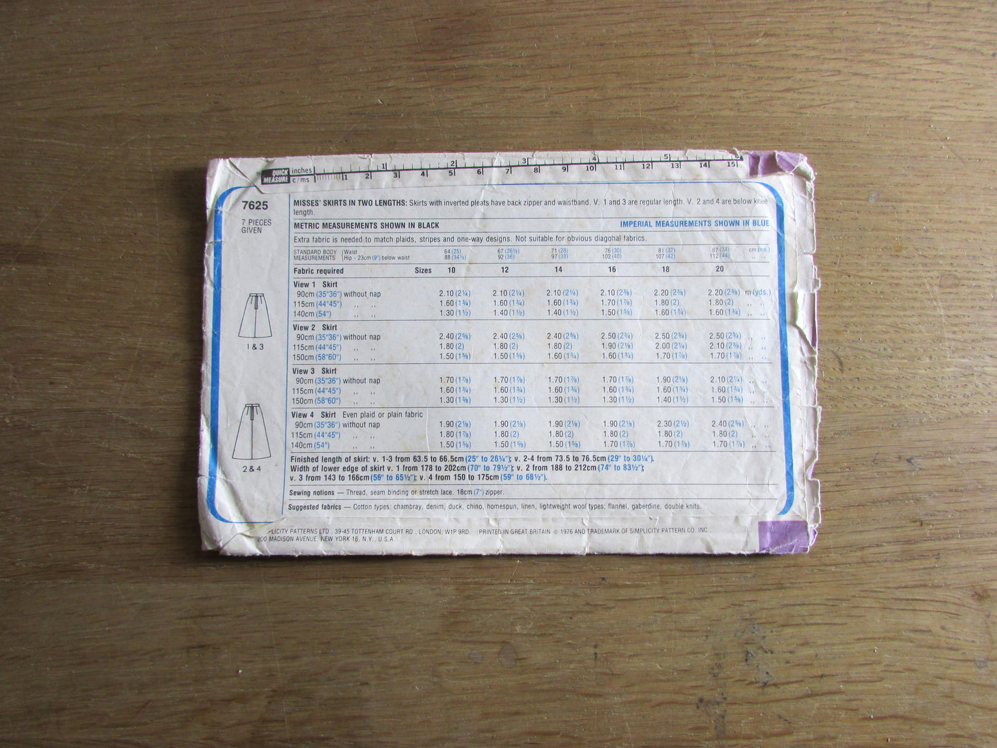 Part cut 1976 Simplicity 7625 sewing pattern for misses' skirt, size 14 (complete)