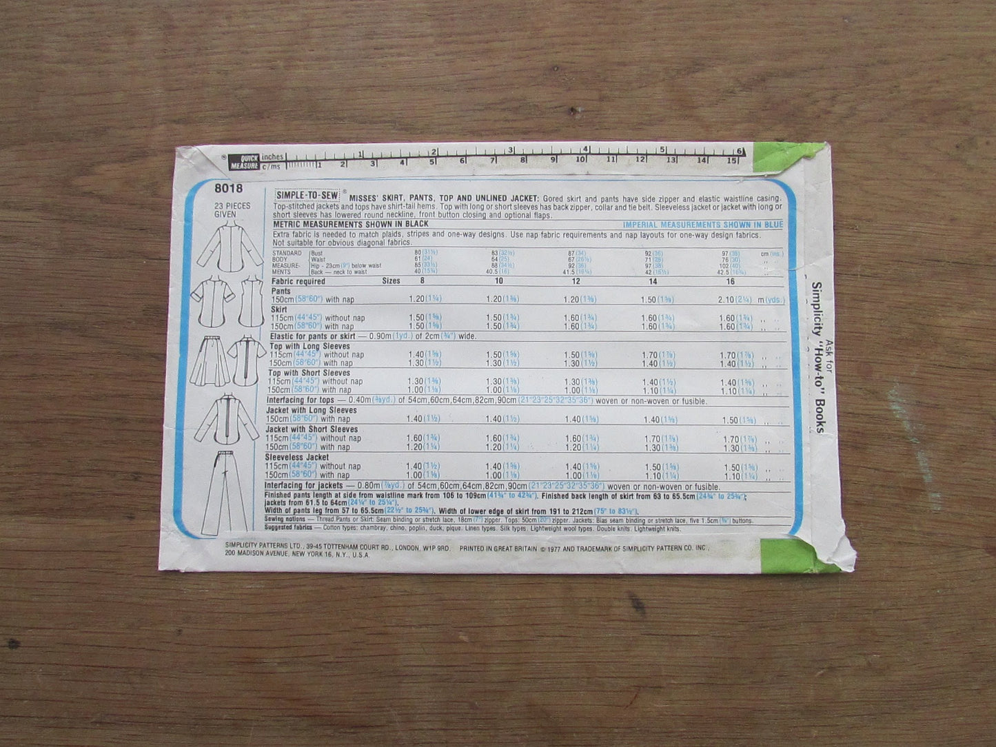 Part cut 1977 Simplicity 8018 personal fit sewing pattern for misses' skirt, pants, top & unlined jacket, size 10-12 (complete)