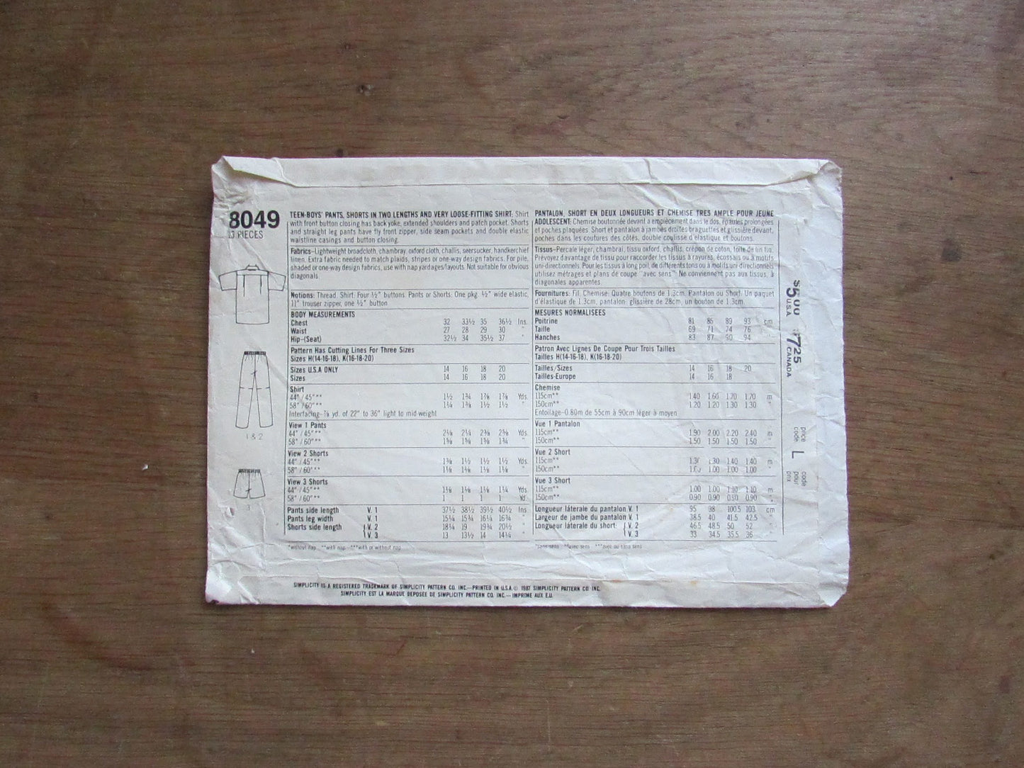 Used 1987 Simplicity Surf Club 8049 sewing pattern for teen-boys' pants, shorts & loose shirt, sizes 16 to 20 (cut to size 20, complete)