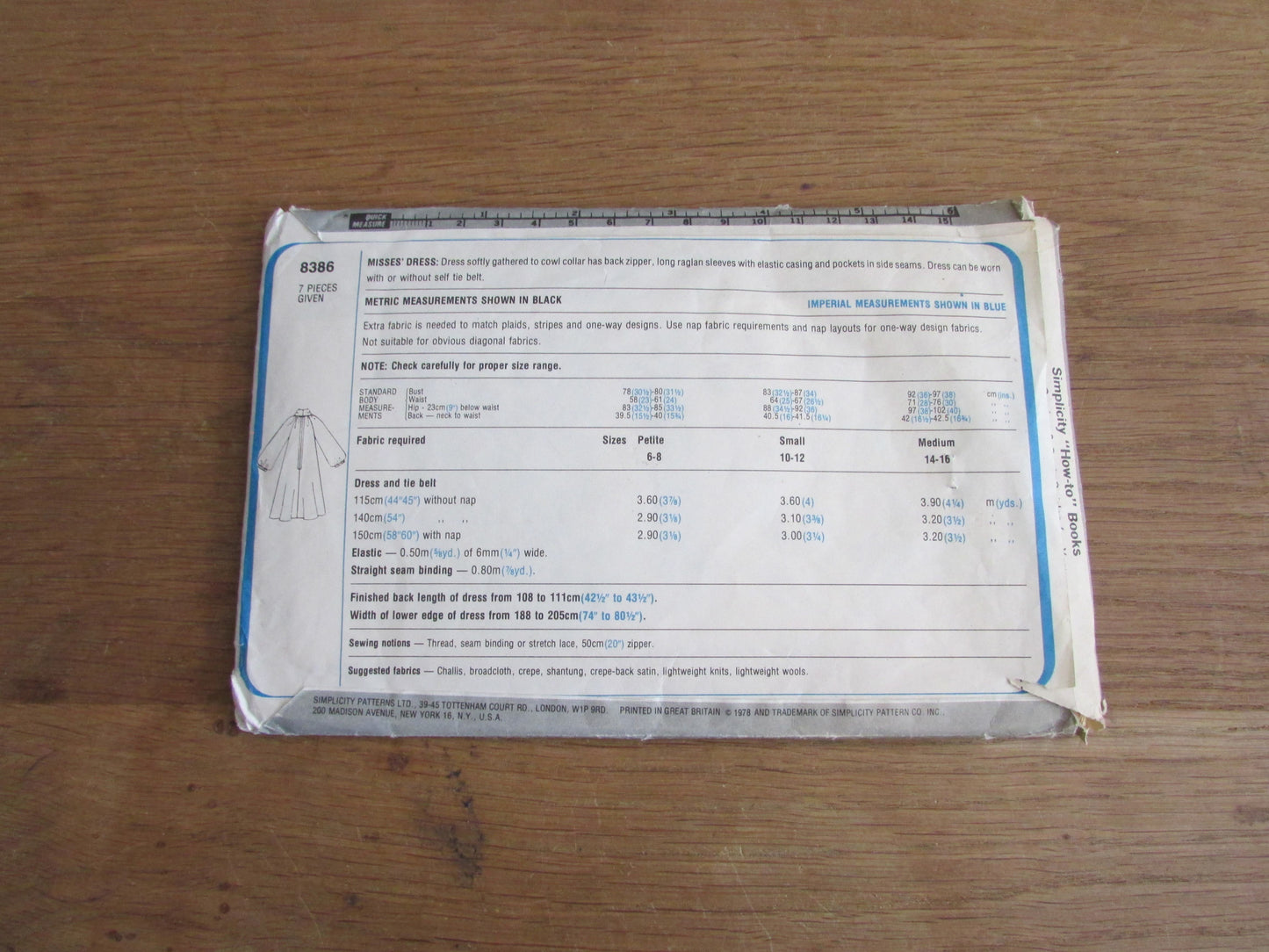 Used 1978 Simplicity 8386 sewing pattern for misses' cowl neck dress, size small 10-12 (see description below)