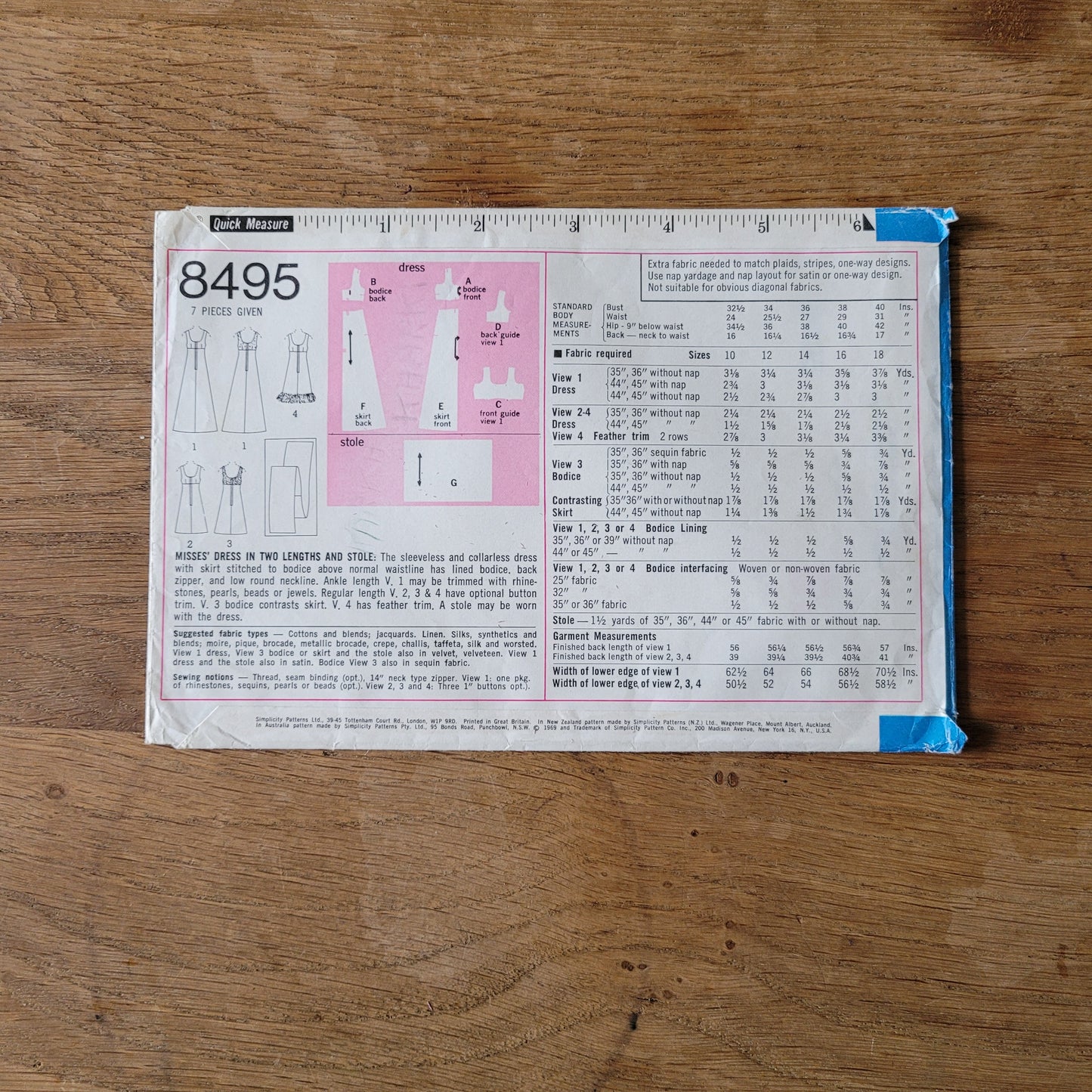 Part cut 1969 Simplicity 8495 sewing pattern for misses' dress in two lengths, and stole, size 14 (see description below)