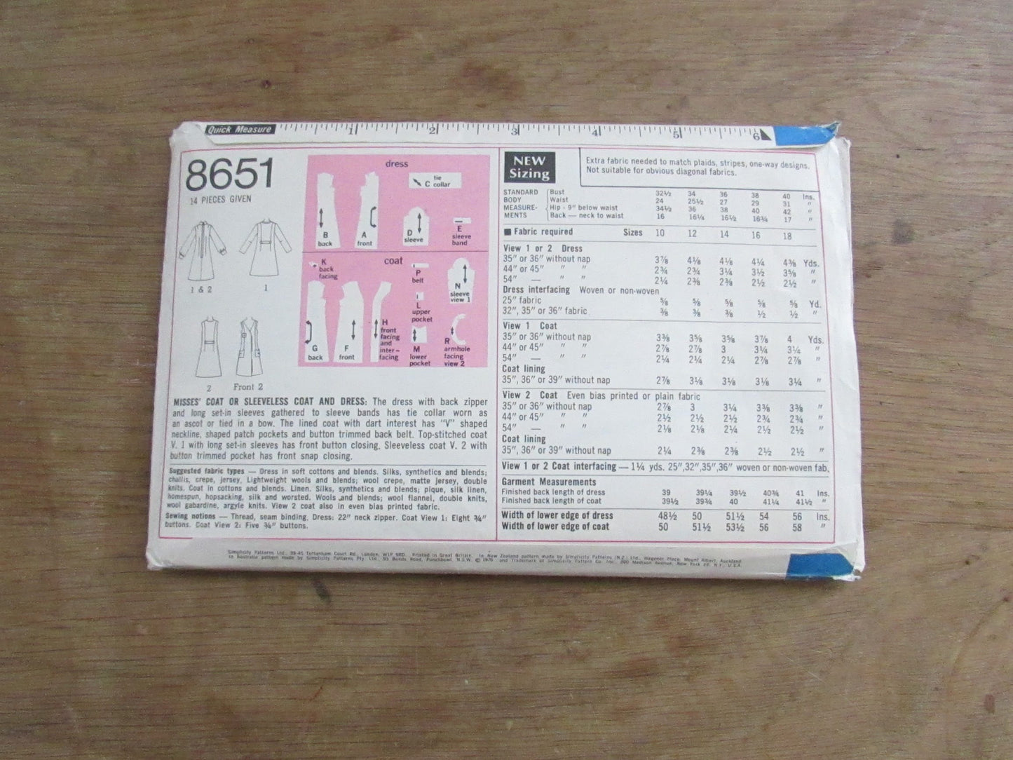 Uncut 1970 Simplicity 8651 sewing pattern for misses' coat or sleeveless coat & dress, size 12 (uncut)