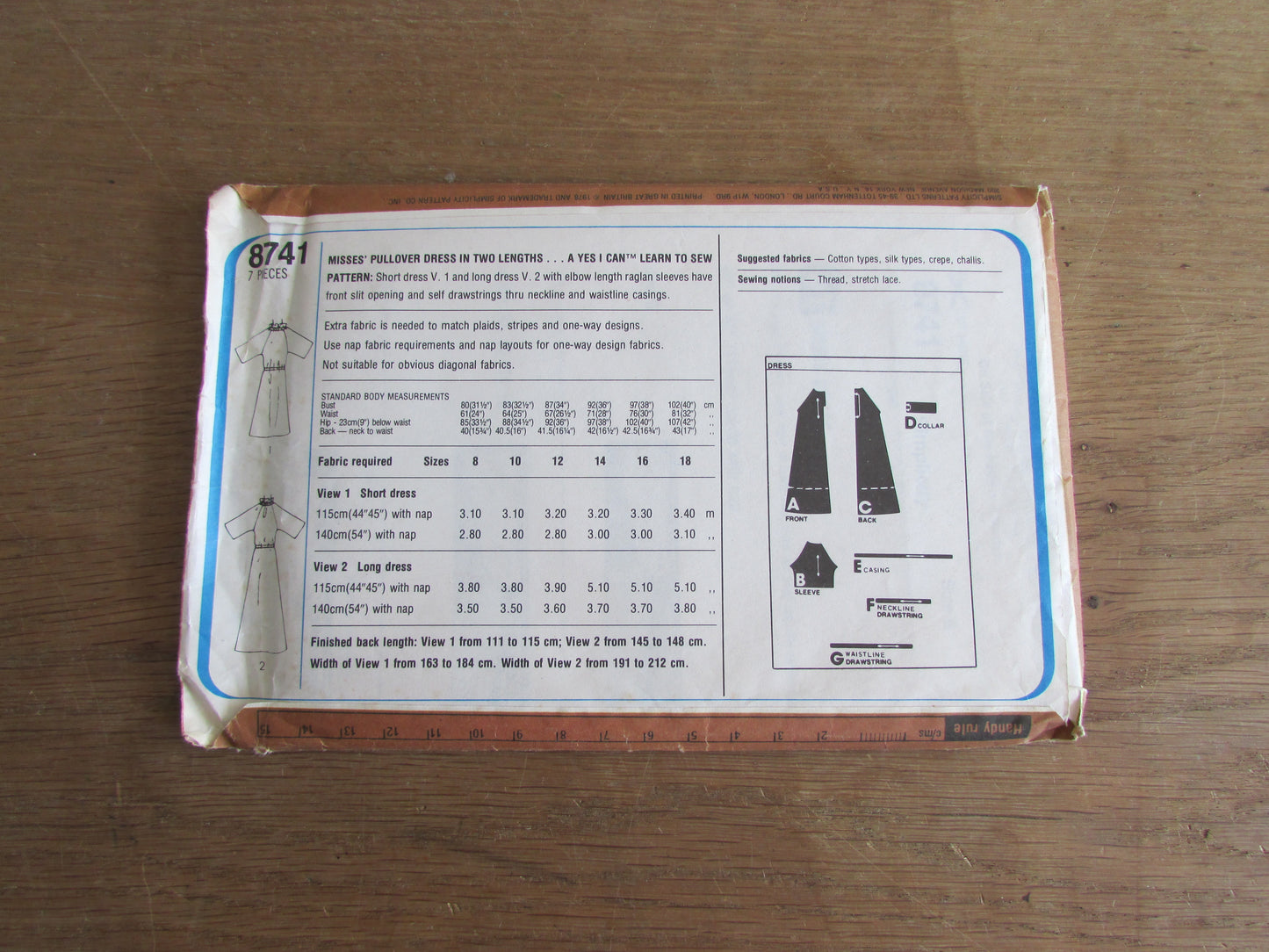 Used 1978 Simplicity 8741 sewing pattern for misses' pullover dress in two lengths, size 8 (complete)