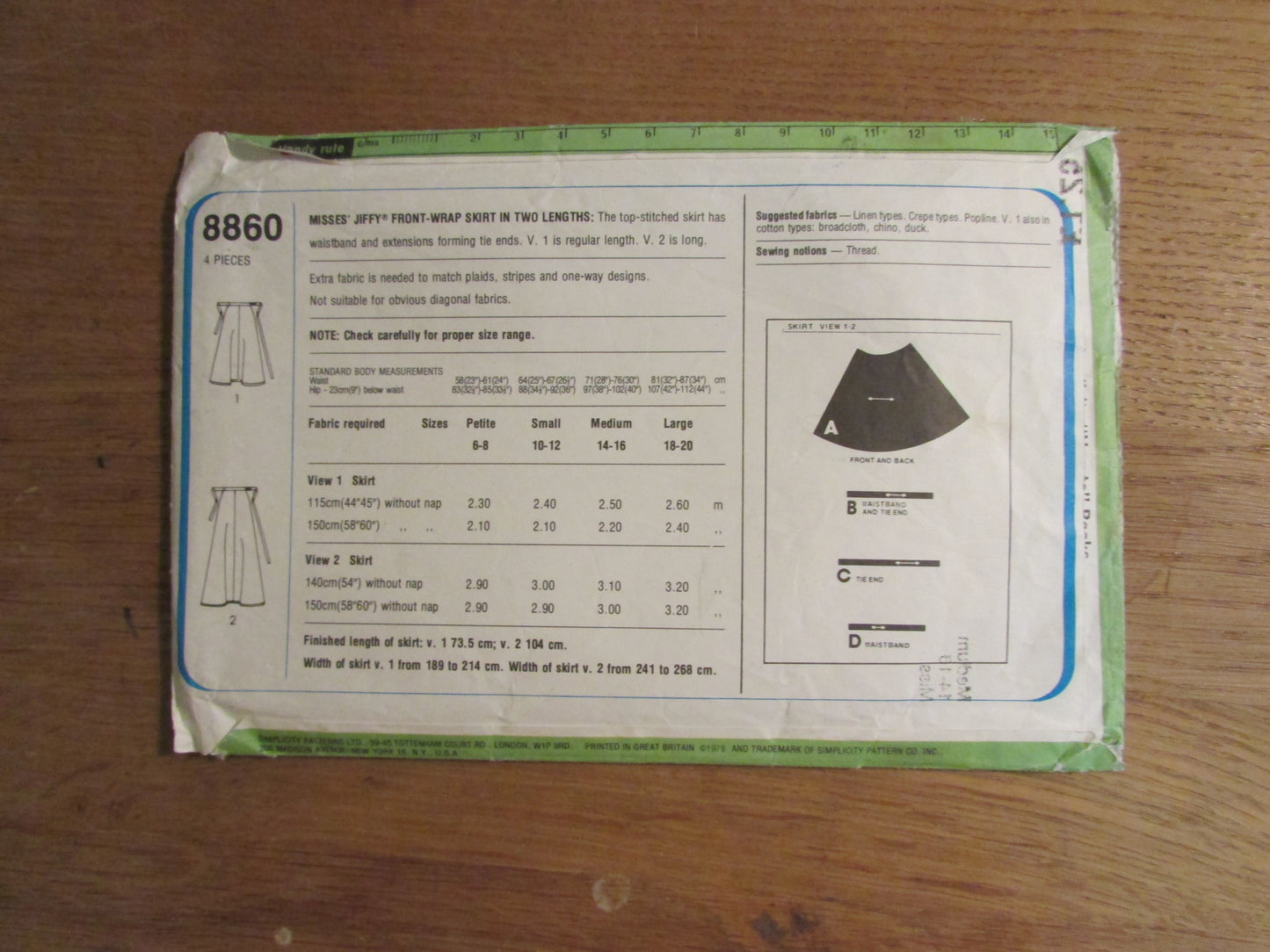 Used 1979 Simplicity 8860 sewing pattern for Jiffy misses' front-wrap skirt, size 14-16 (complete)