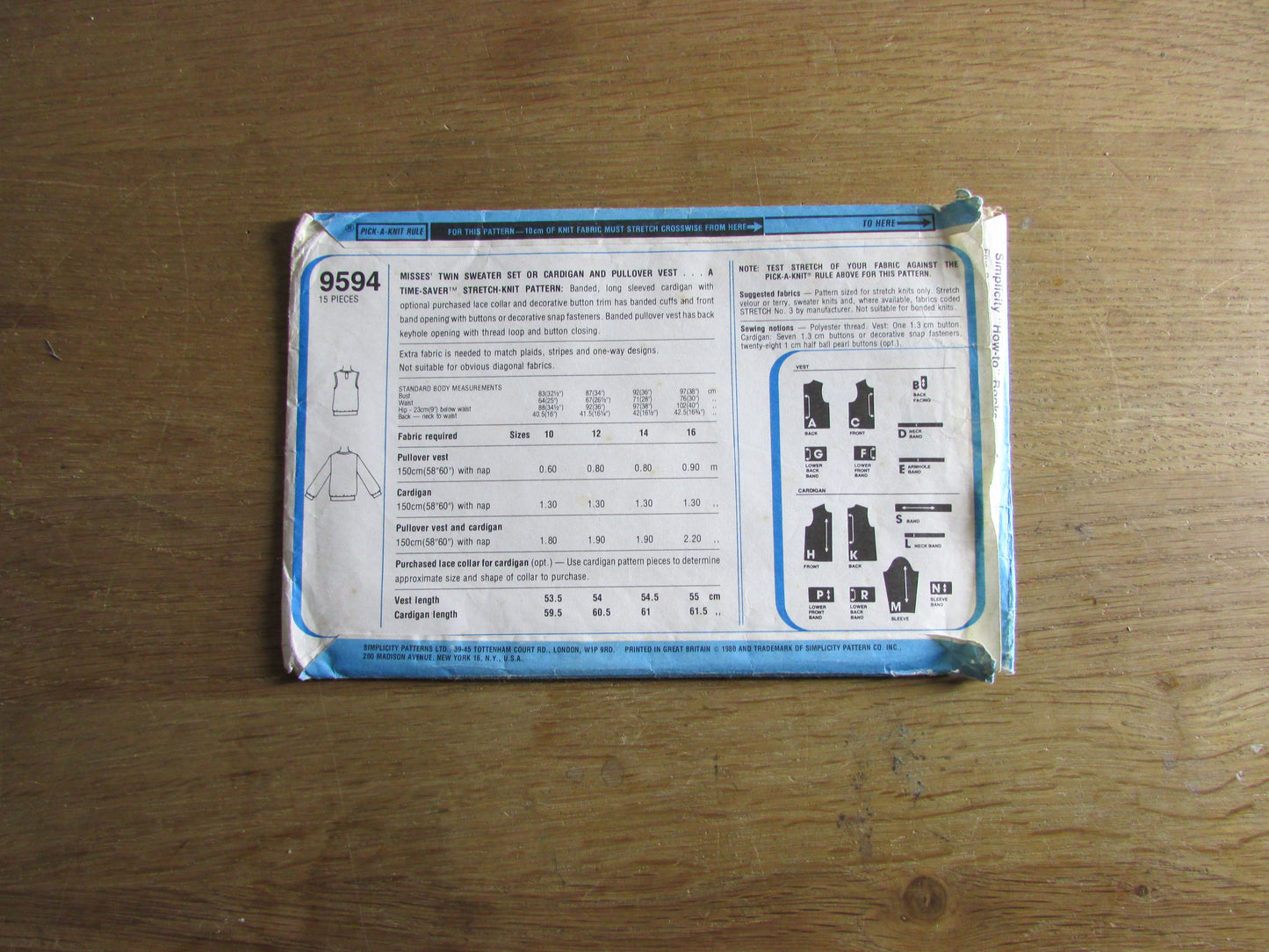 Part cut 1980 Simplicity 9594 sewing pattern for twin sweater set or cardigan & pullover, sizes 10 to 14 (part cut to size 14, complete)