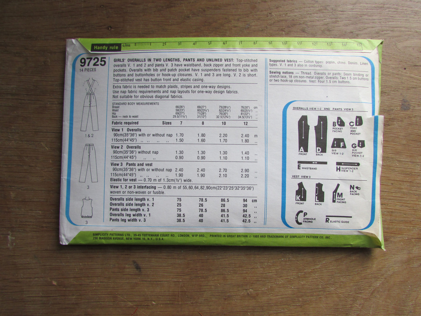 Uncut 1980 Simplicity 9725 sewing pattern for girls' overalls, pants & unlined vest, size 8 (complete)