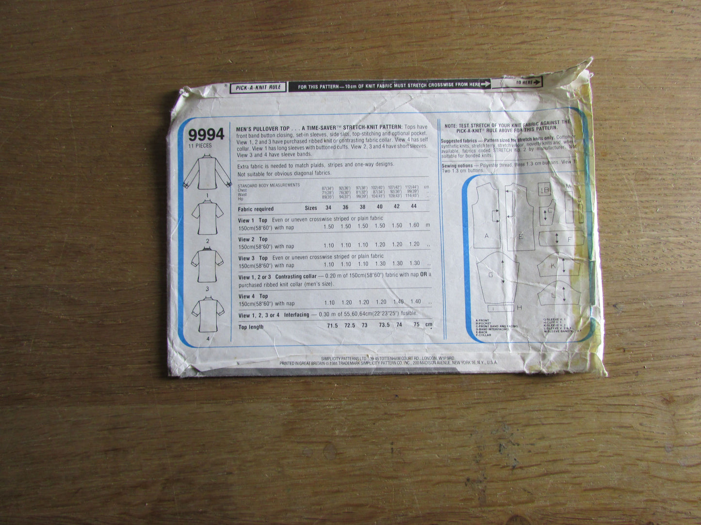 Uncut 1984 Simplicity 9994 sewing pattern for men's pullover top, size L (complete)