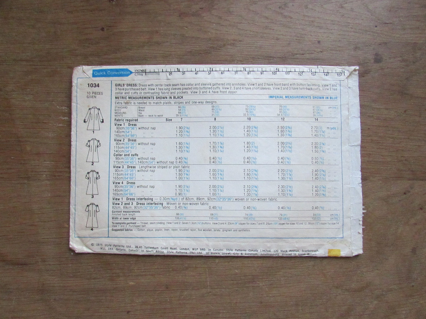 Part cut 1975 Style 1034 sewing pattern for girl's dress, size 12 (complete)