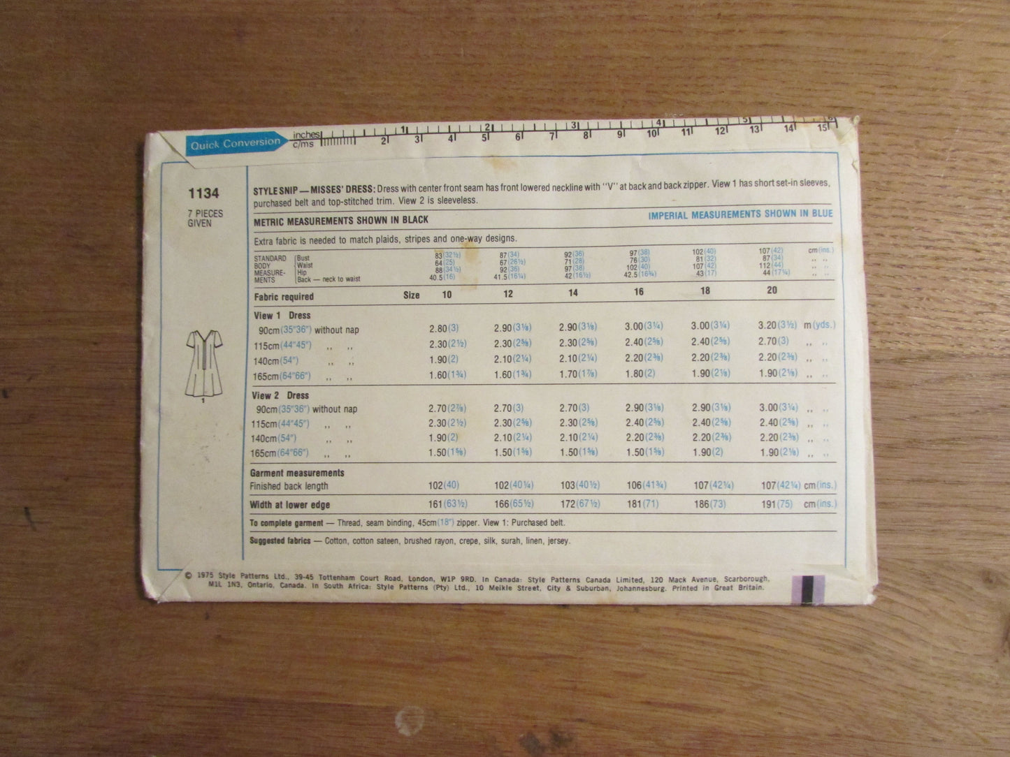 Part cut 1975 Style 1134 sewing pattern for misses' dress, size 16 (complete)