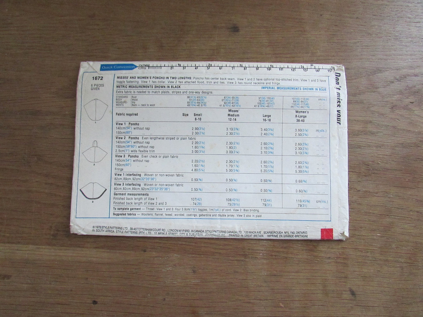 Part cut 1976 Style 1672 sewing pattern for misses' & women's poncho, size S, 8-10 (complete)