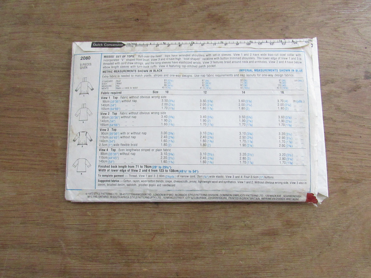 Part cut 1977 Style 2080 sewing pattern for misses' set of tops, size 14 (complete)