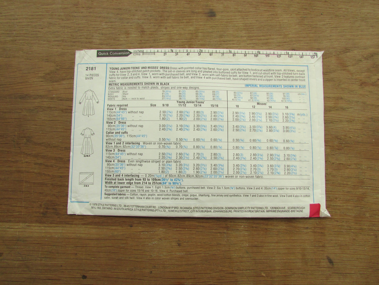 Part cut 1970s Style 2181 sewing pattern for young junior/teens' & misses' dress, size 10 (complete)