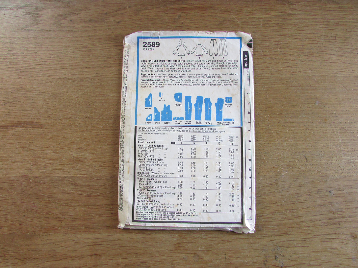 Used 1979 Style 2589 sewing pattern for boys' unlined jacket & trousers, size 6 (see description below)