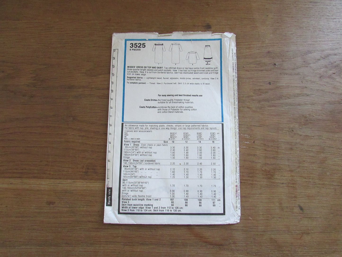 Used 1981 Style 3525 sewing pattern for misses' dress or top & skirt, size 14 (see description below)