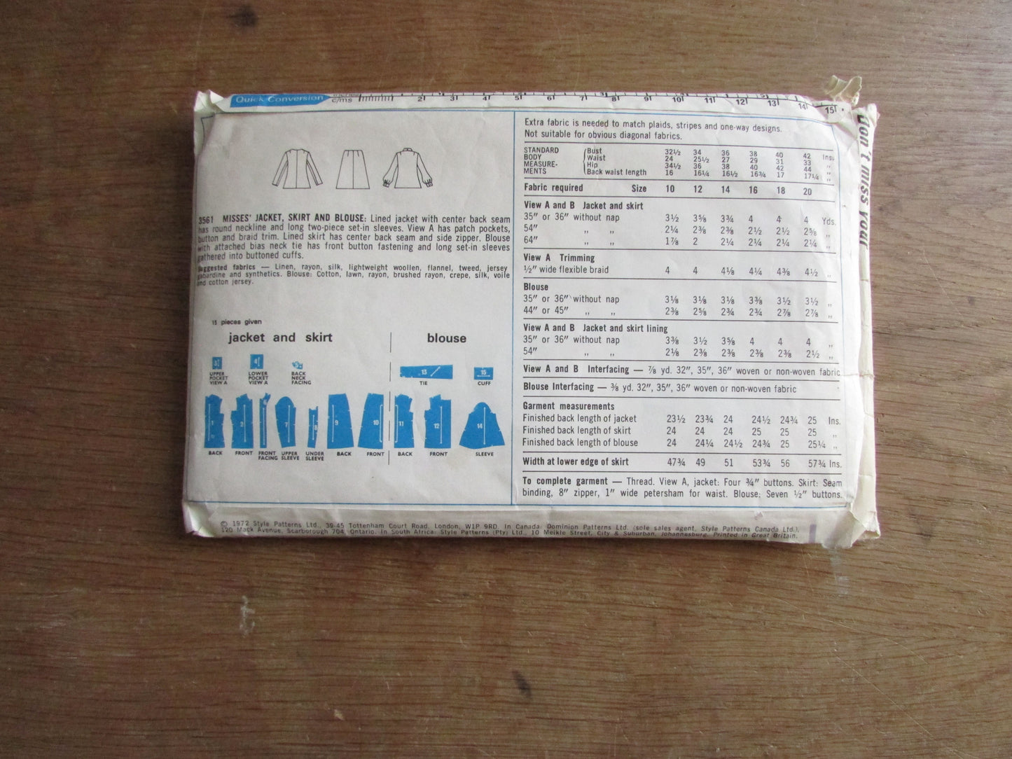 Part cut 1972 Style 3561 sewing pattern for misses' jacket, skirt & blouse, size 16 (complete)