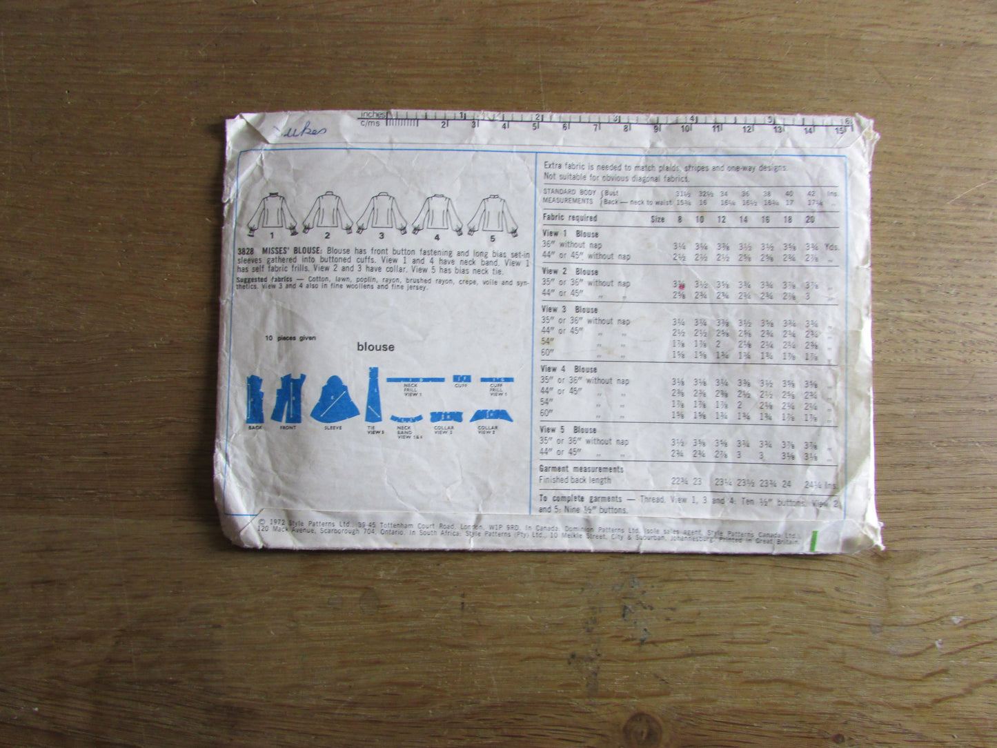 Part cut 1972 Style 3828 sewing pattern for misses' blouse, size 14 (see description below)