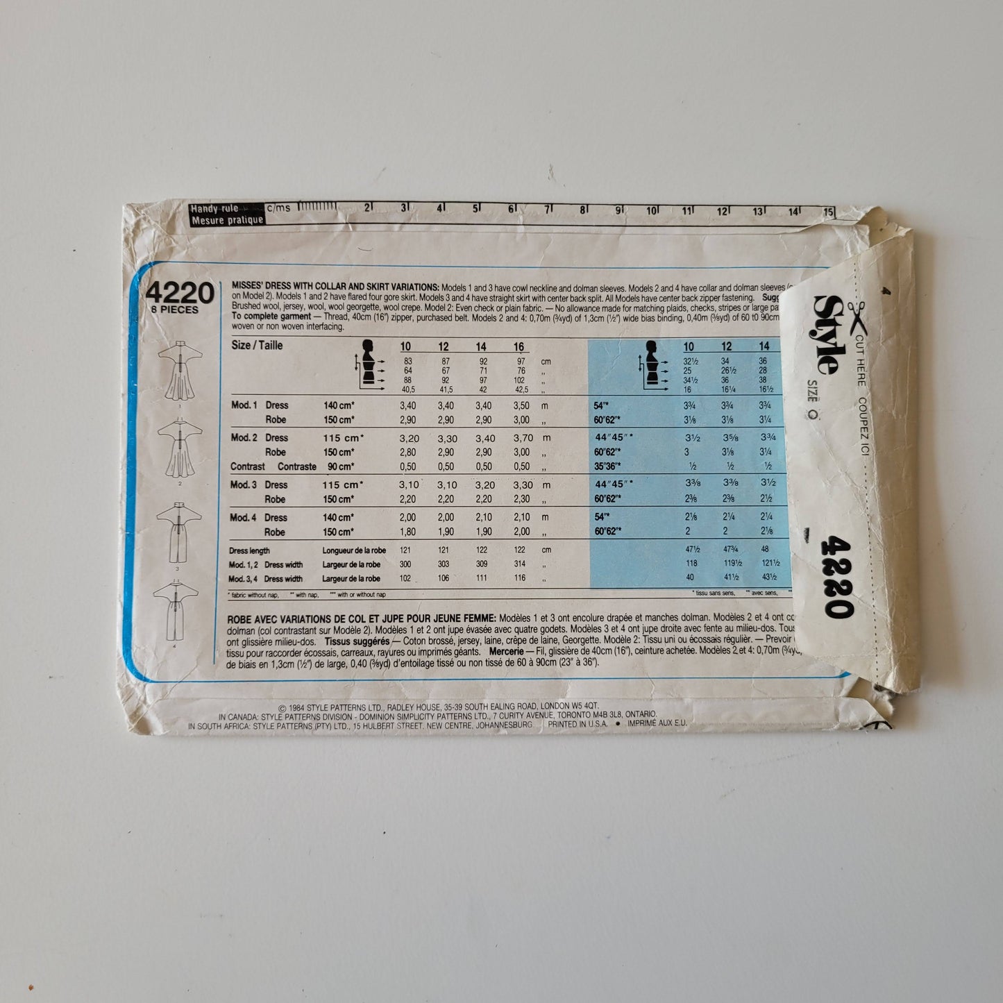 Part cut 1984 Style 4220 sewing pattern for misses' dress with collar & skirt variations (complete, part cut to size 12)