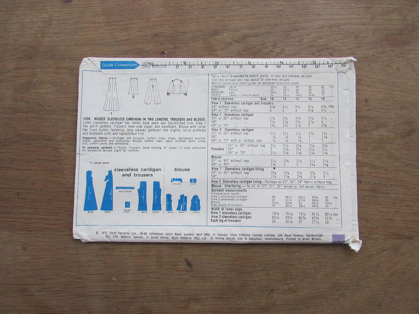 Part cut 1973 Style 4296 sewing pattern for misses' sleeveless cardigan, trousers & blouse, size 10 (complete)