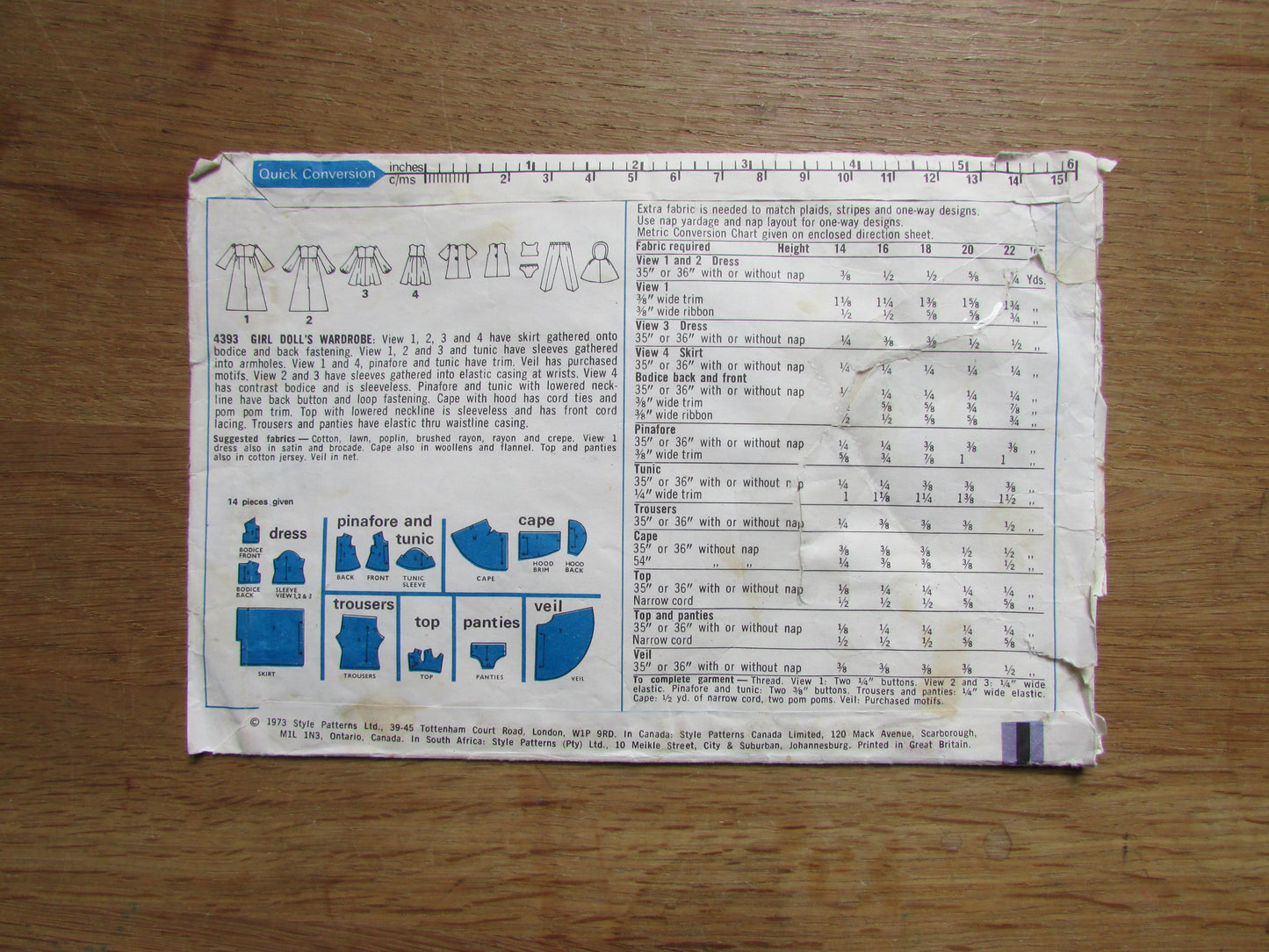 Part cut 1973 Style 4393 sewing pattern for doll clothes to fit H41cm (16") doll (complete)