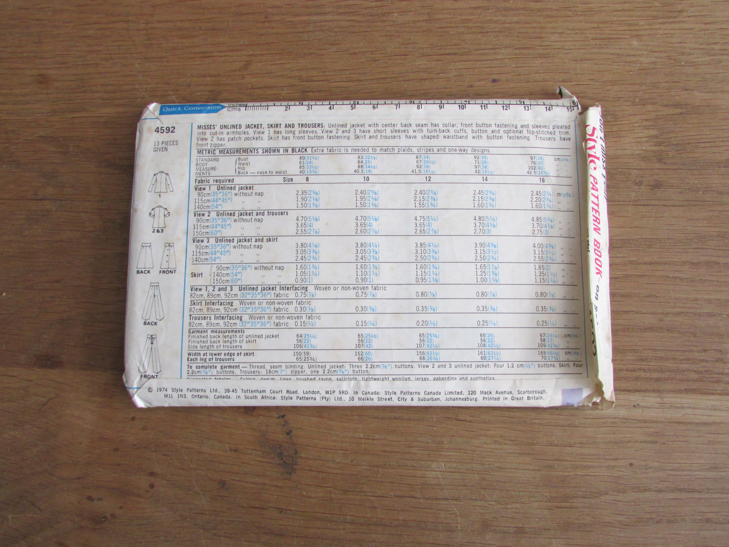 Part cut 1974 Style 4592 sewing pattern for misses' unlined jacket, skirt & trousers, size 14 (complete)