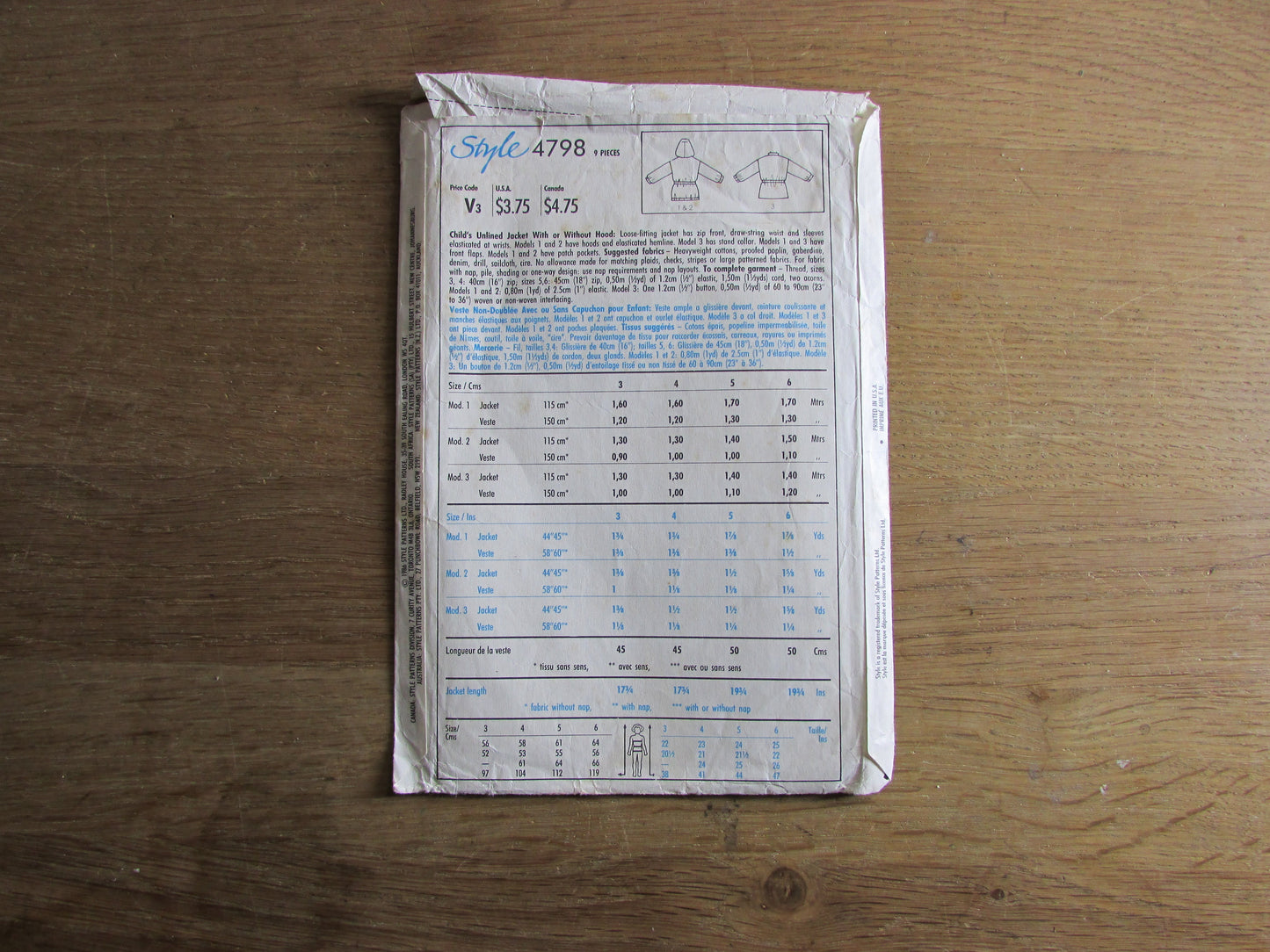 Part cut 1986 Style 4798 sewing pattern for child's unlined jacket with or without hood, sizes 4 to 6 (part cut to size 6, complete)