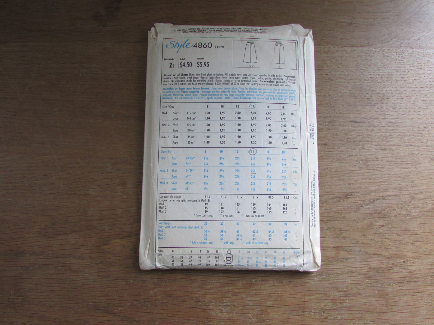 Part cut 1986 Style 4860 sewing pattern for misses' set of skirts, size 14 (complete)