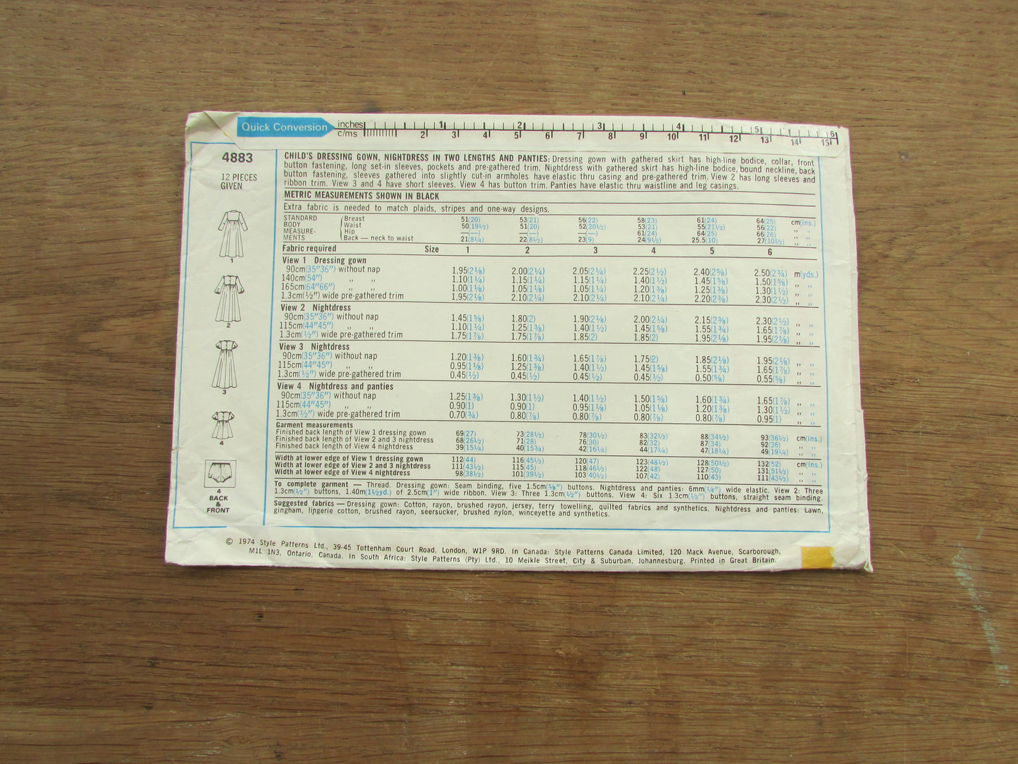 Part cut 1974 Style 4883 sewing pattern for child's dressing gown, nightdress & panties, size 4 (complete)