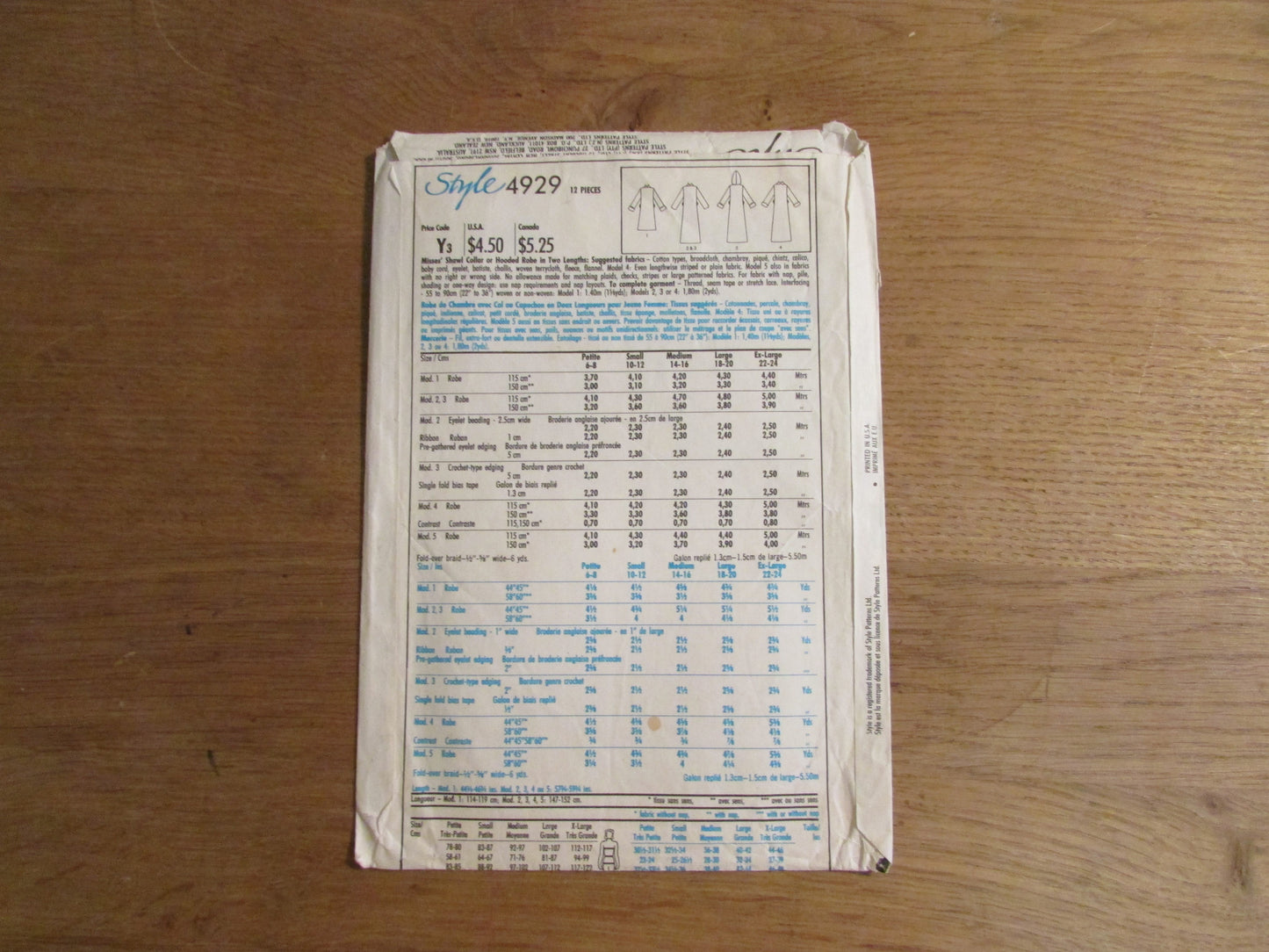 Part cut 1986 Style 4929 sewing pattern for misses' shawl collar or hooded robe, size S/M (10-12/14-16) (complete)