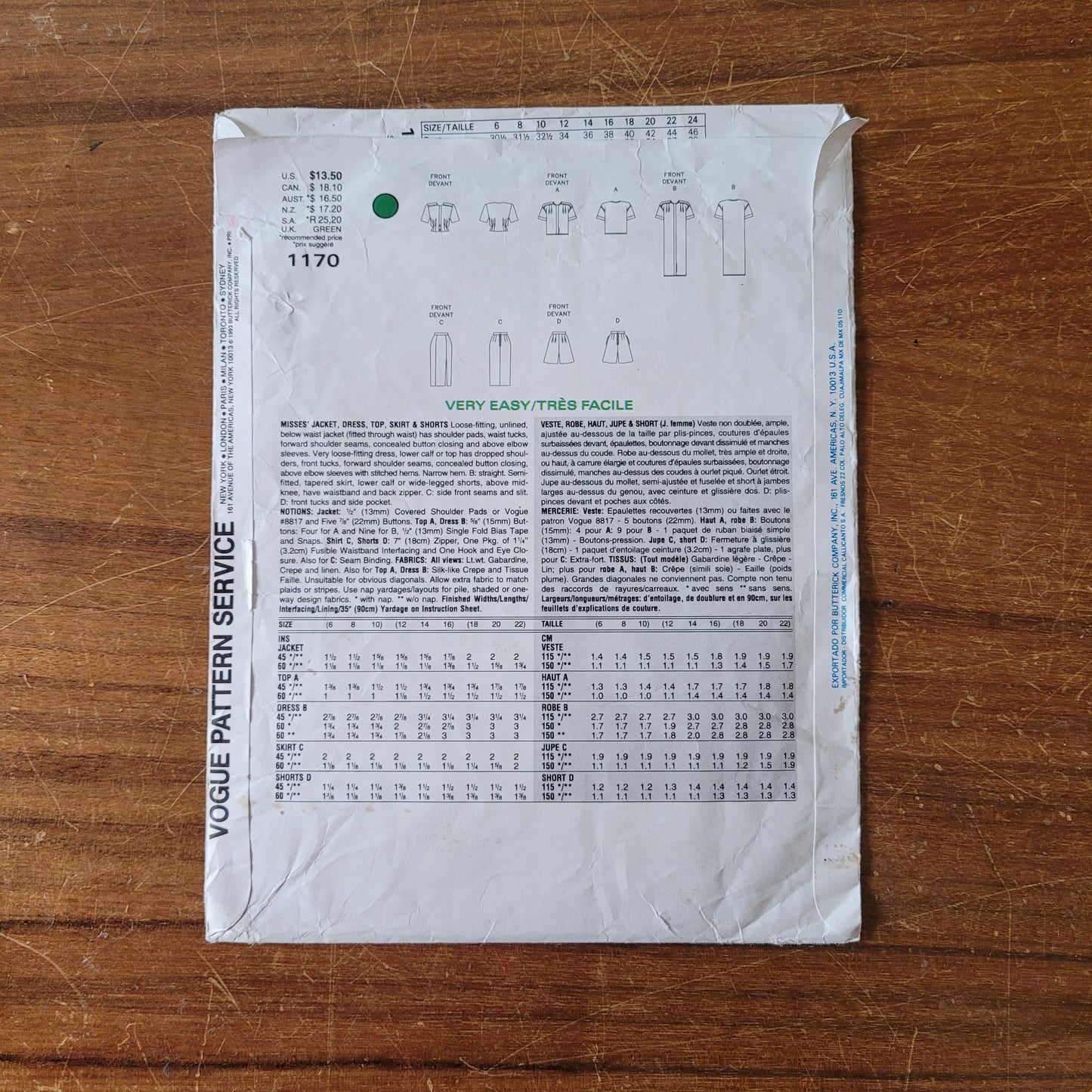 Uncut 1993 Vogue 1170 sewing pattern for misses' jacket, dress, top, skirt & shorts, sizes 12-16 (complete)