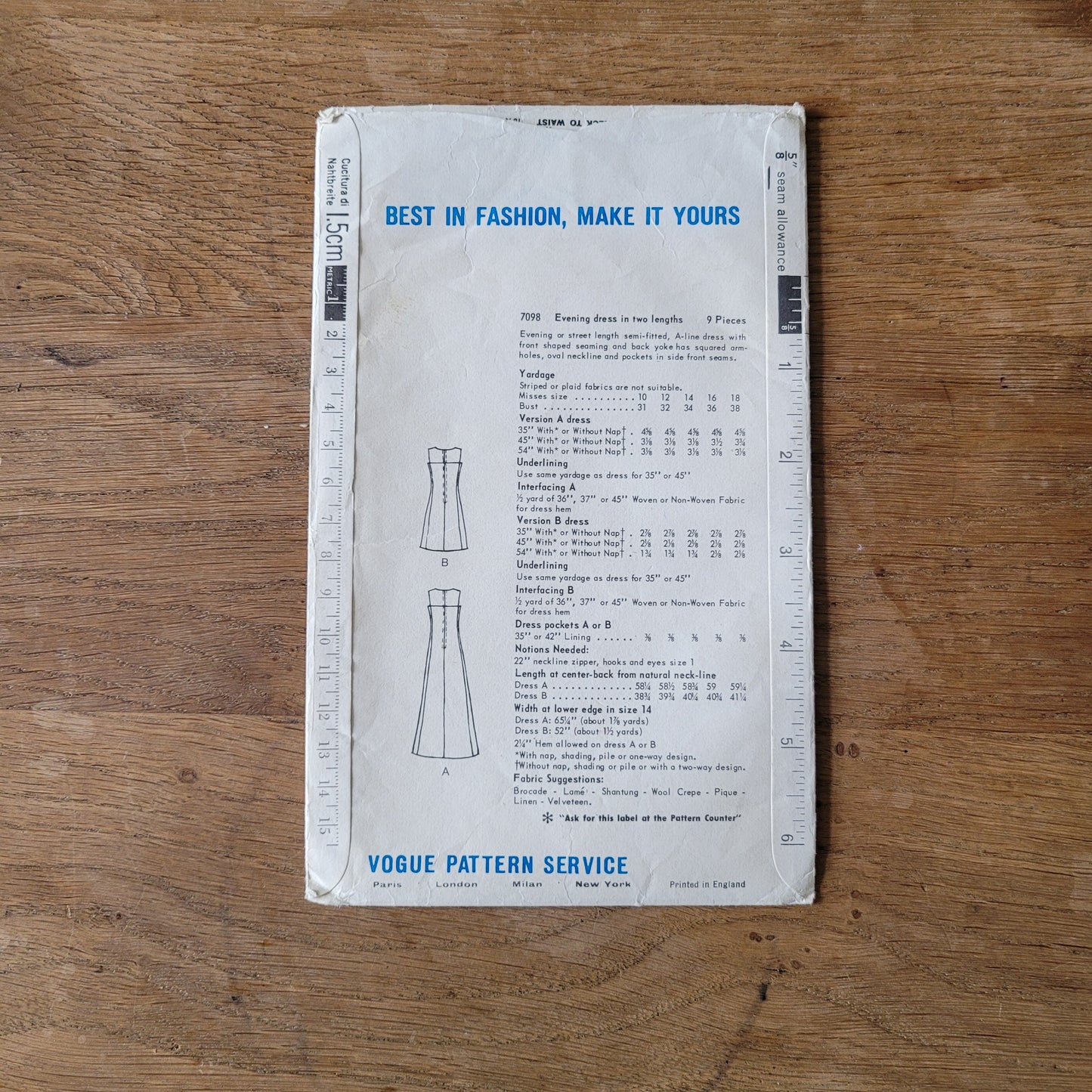 Used circa. 1967 Vogue 7098 sewing pattern for evening dress in two lengths, size 18 (complete)