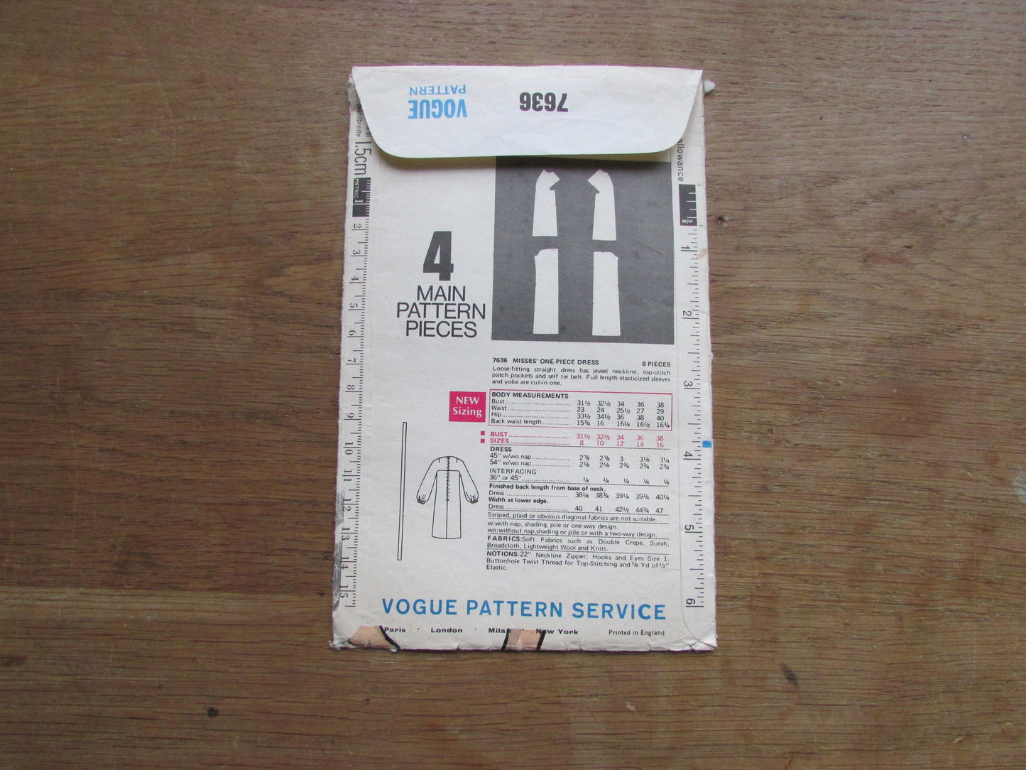 Part cut 1969 Vogue 7636 sewing pattern for misses' one-piece dress, size 12 (complete)